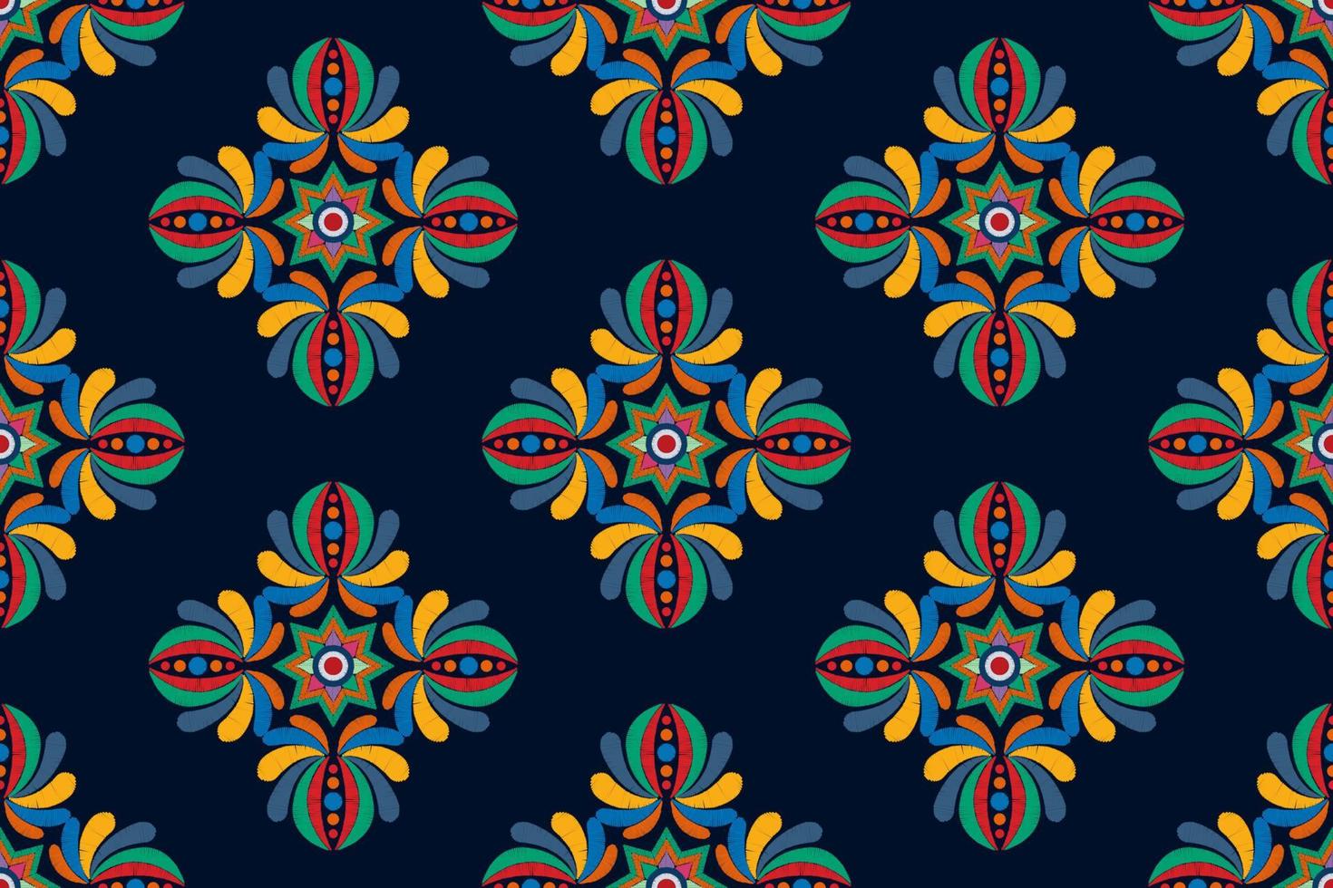 ikat etnico senza soluzione di continuità modello decorazione design. azteco tessuto tappeto boho mandala tessile arredamento sfondo. tribale nativo motivo ornamenti ikkat tradizionale ricamo vettore ungherese polacco moravia