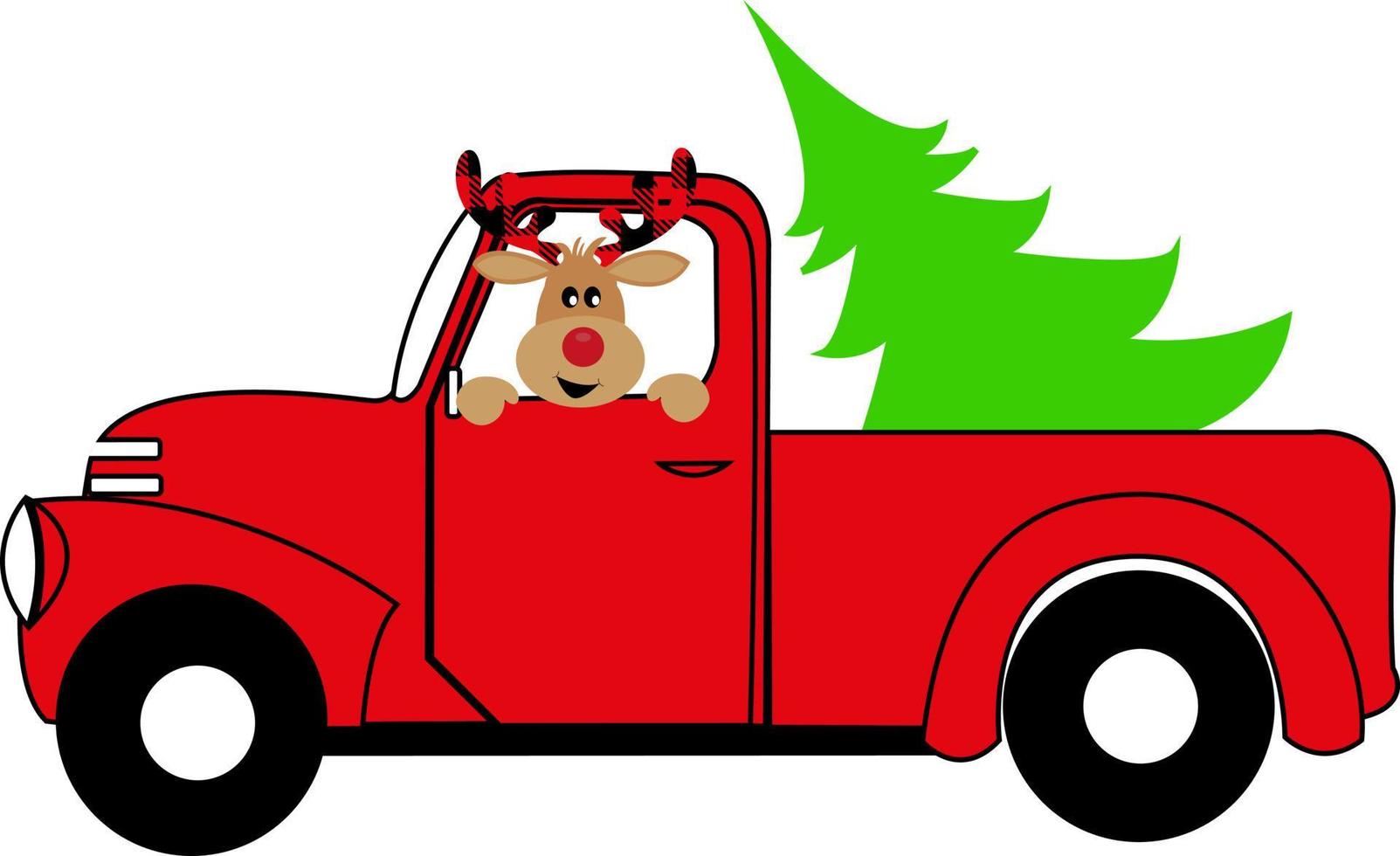 un' retrò Natale Raccogliere camion trasporta un' verde Natale albero. cervo con corna boho. nuovo anno. vettore