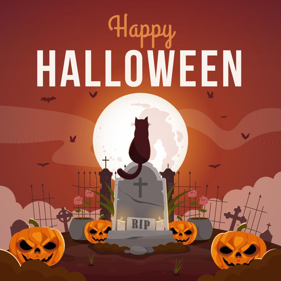 contento Halloween sfondo con pauroso zucche e gatto seduta su lapide vettore