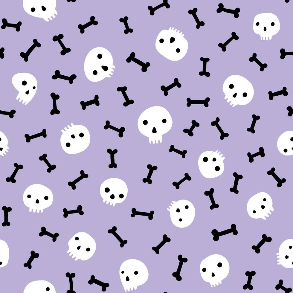 nero e bianca teschi e ossatura sparpagliato su pastello viola sfondo Halloween senza soluzione di continuità modello. vettore