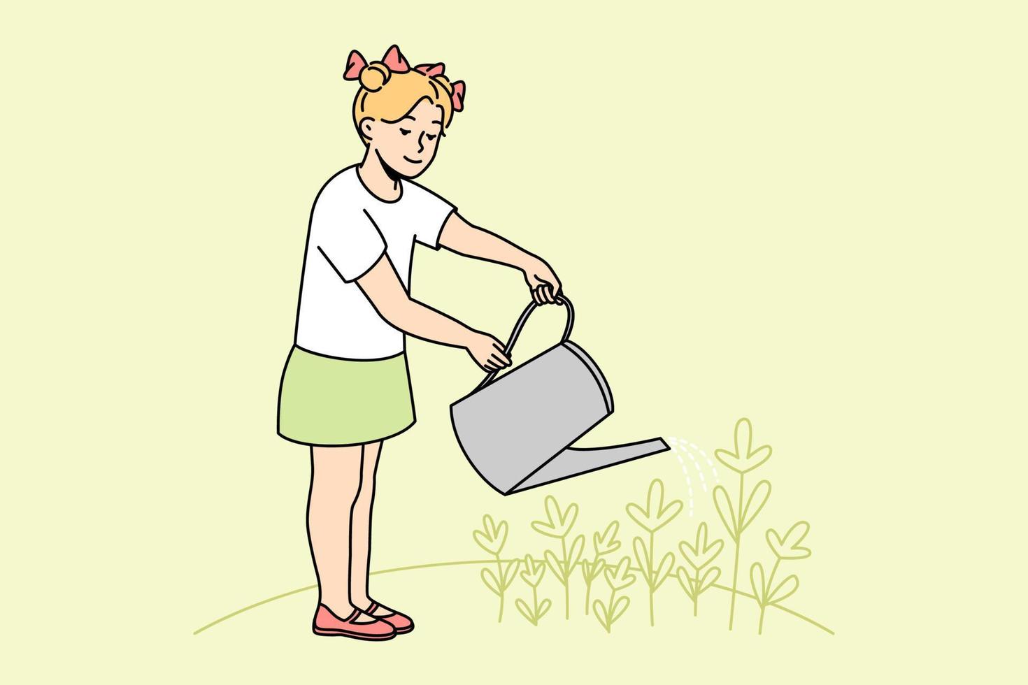 poco ragazza bambino Tenere può irrigazione fiori nel giardino. contento ragazzo prendere cura di impianti fuori. giardinaggio e orticoltura. vettore illustrazione.