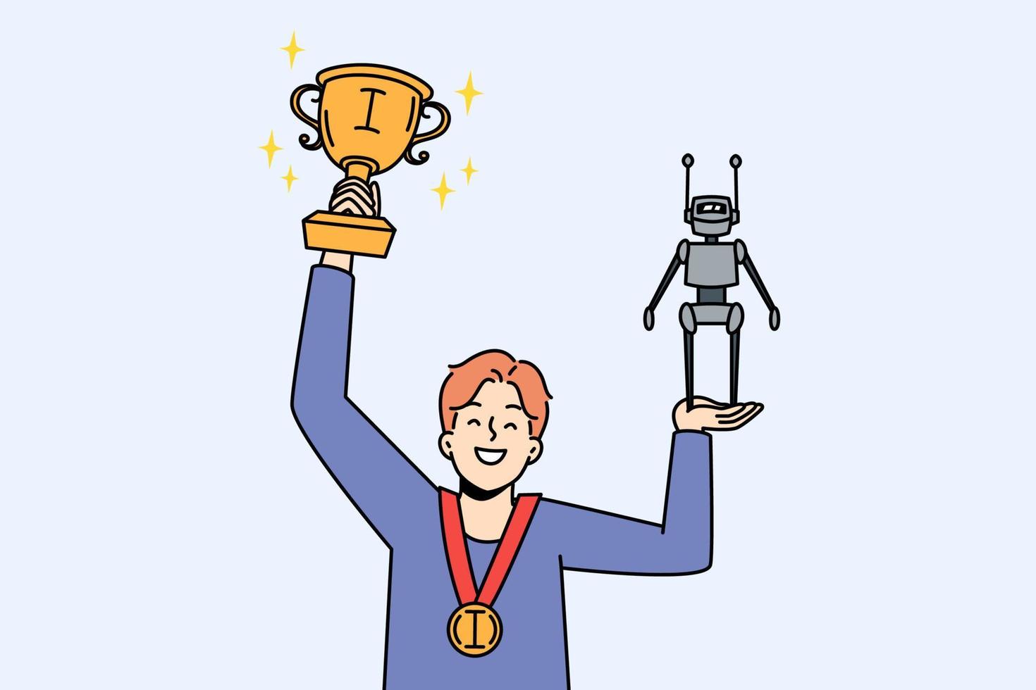 contento ragazzo bambino Tenere robot nel mani vincere premio per migliore scientifico scoperta. sorridente ragazzo vincitore celebrare vittoria a concorrenza per robotica creazione. vettore illustrazione.