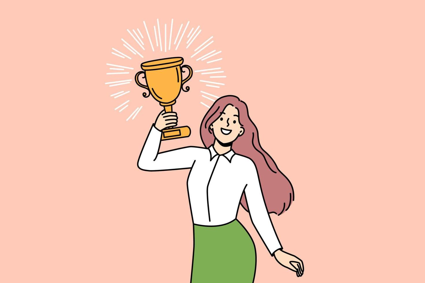 contento donna con d'oro premio celebrare opera o personale successo. motivata femmina Tenere trofeo eccitato di realizzazione o attività commerciale premio. vettore illustrazione.