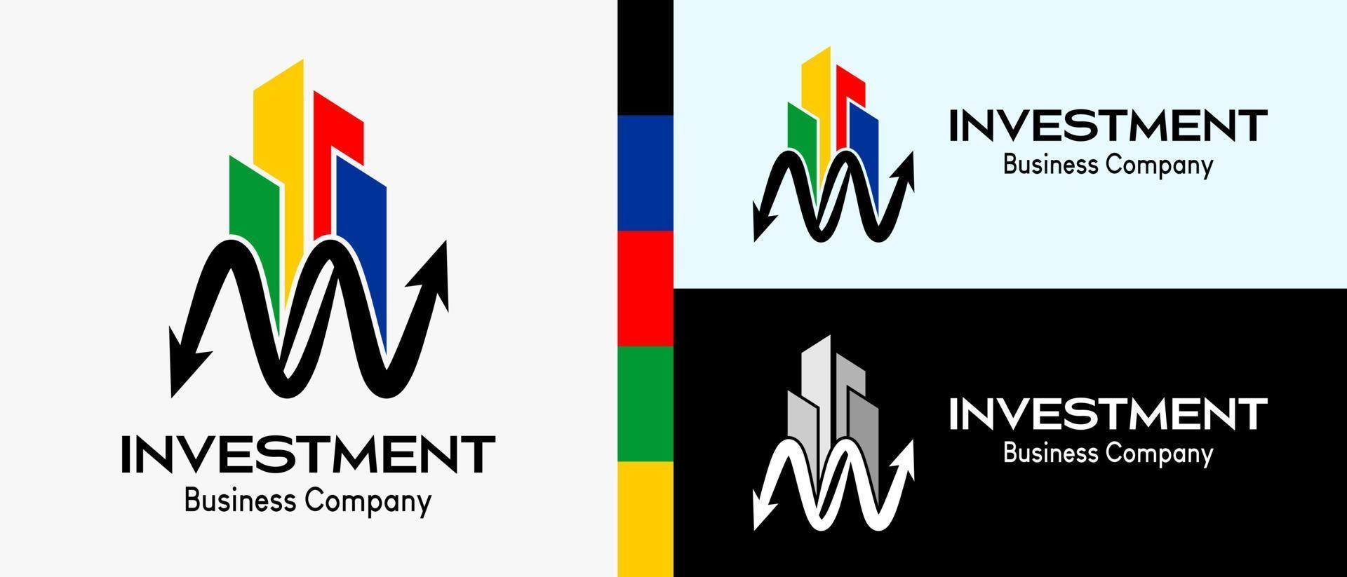 investimento logo per edificio e mutuo azienda, freccia nel creativo concetto con edificio icona. premio logo illustrazione vettore