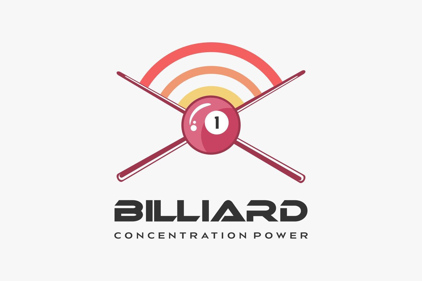 biliardo logo design con creativo concetto, biliardo palla icona e biliardo bastone combinato con arcobaleno icona vettore