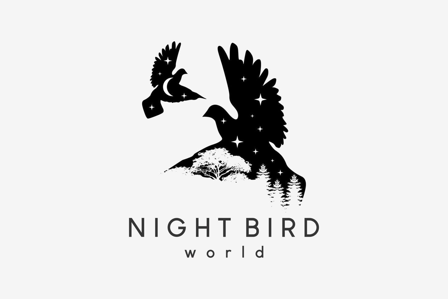 volante colomba silhouette logo design combinato con alberi con notte concetto vettore