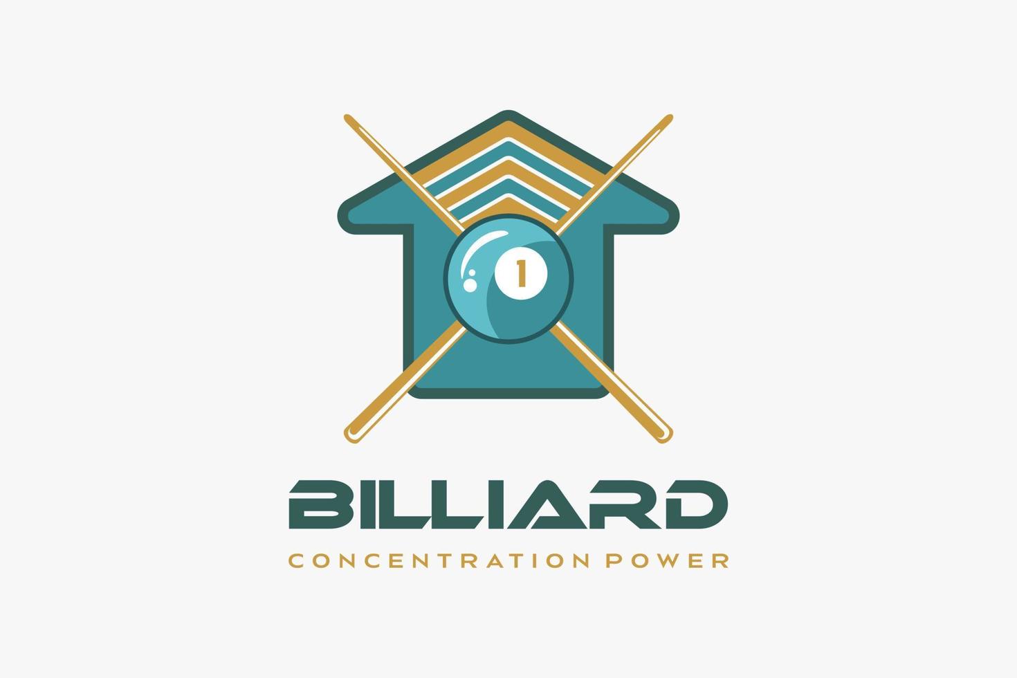 biliardo logo design con creativo concetto, biliardo palla icona e biliardo bastone nel Casa icona vettore