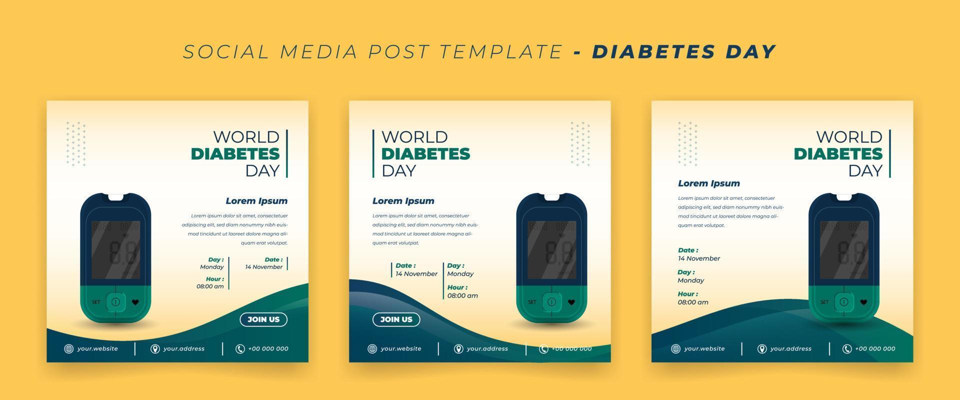 impostato di sociale media inviare modello per mondo diabete giorno con glucosio metro design vettore