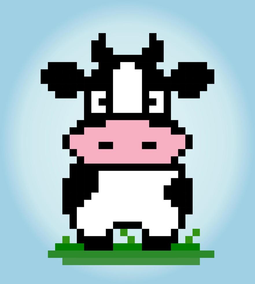 Pixel a 8 bit di mucca. animali per le risorse di gioco nelle illustrazioni vettoriali. schema punto croce mucca vettore