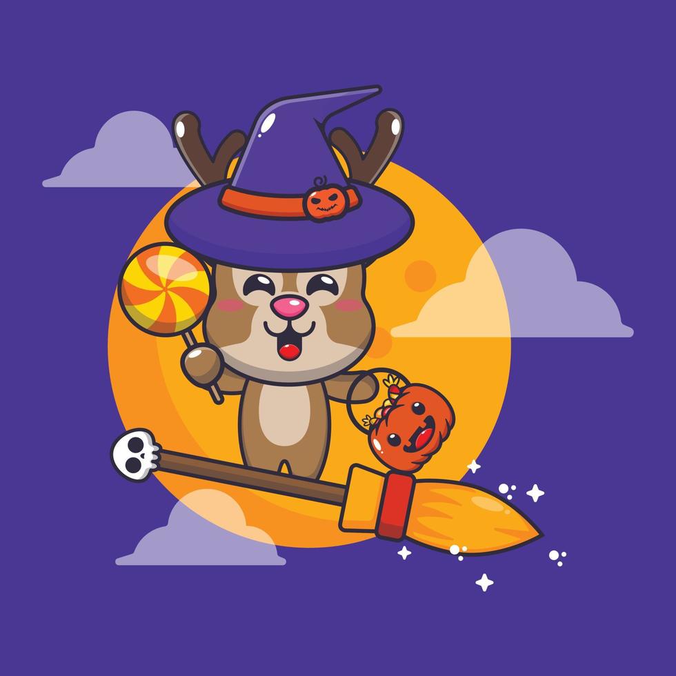 strega cervo volare con scopa nel Halloween notte. carino Halloween cartone animato illustrazione. vettore