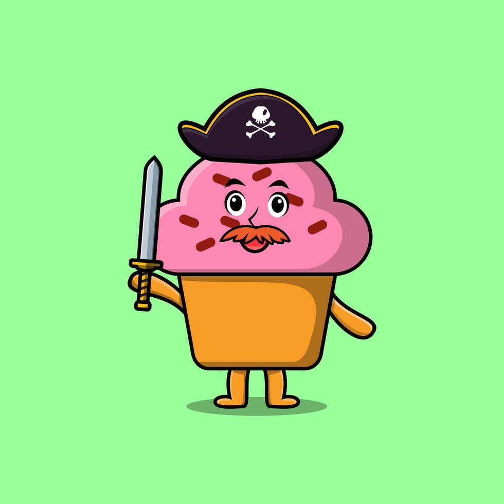 carino cartone animato Cupcake pirata con cappello e spada vettore