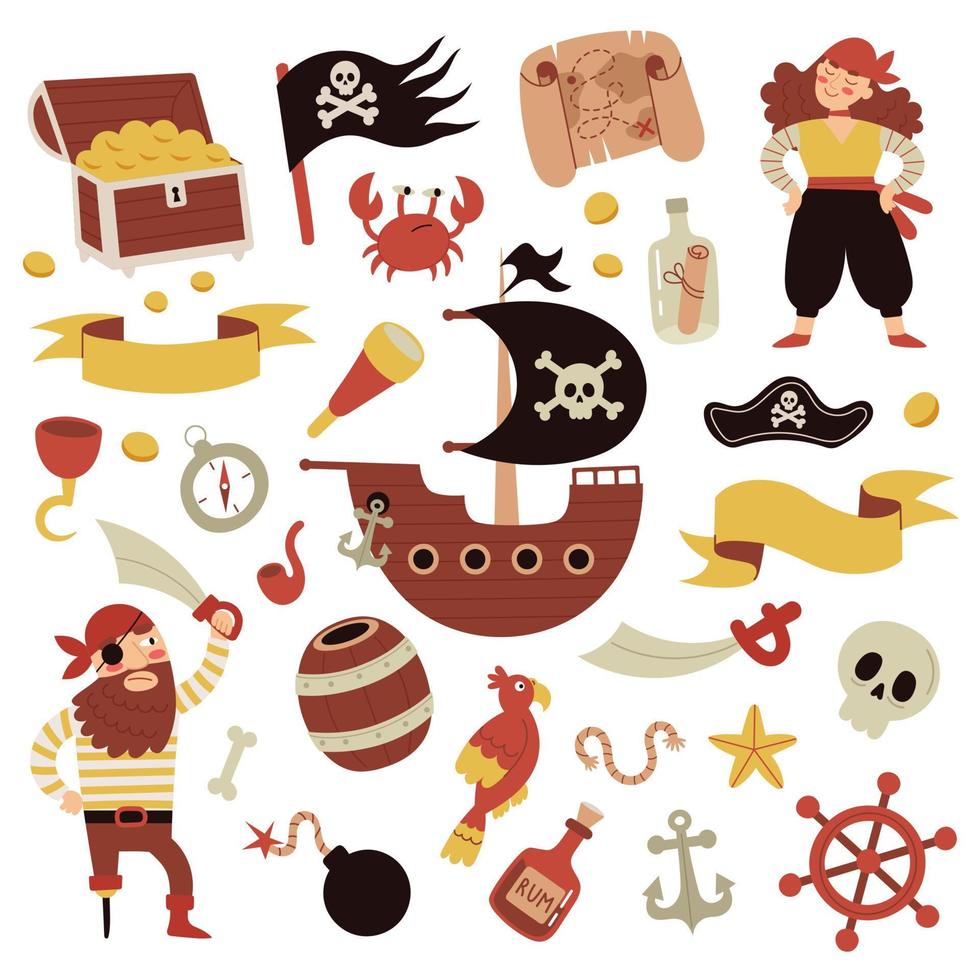 collezione di pirata Accessori e Oggetti, pirata fascio. uomo e donna pirati. mano disegnato vettore illustrazione.