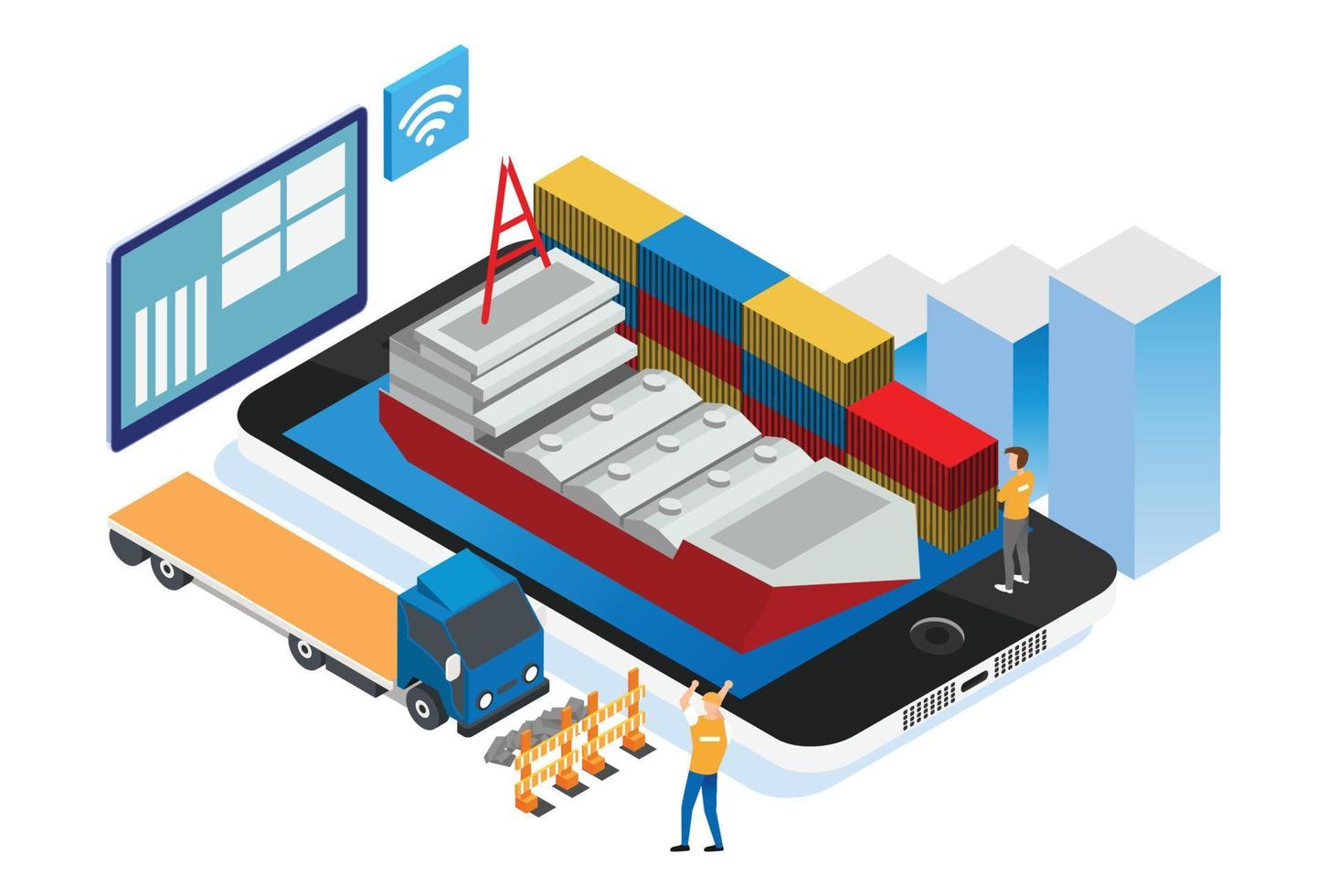 moderno isometrico inteligente commerciale porta logistica sistema illustrazione, adatto per diagrammi, infografica, libro illustrazione, gioco bene, e altro grafico relazionato risorse vettore