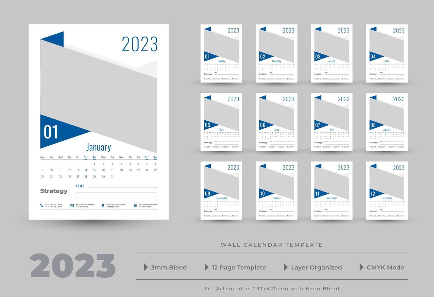 2023 parete calendario modello vettore