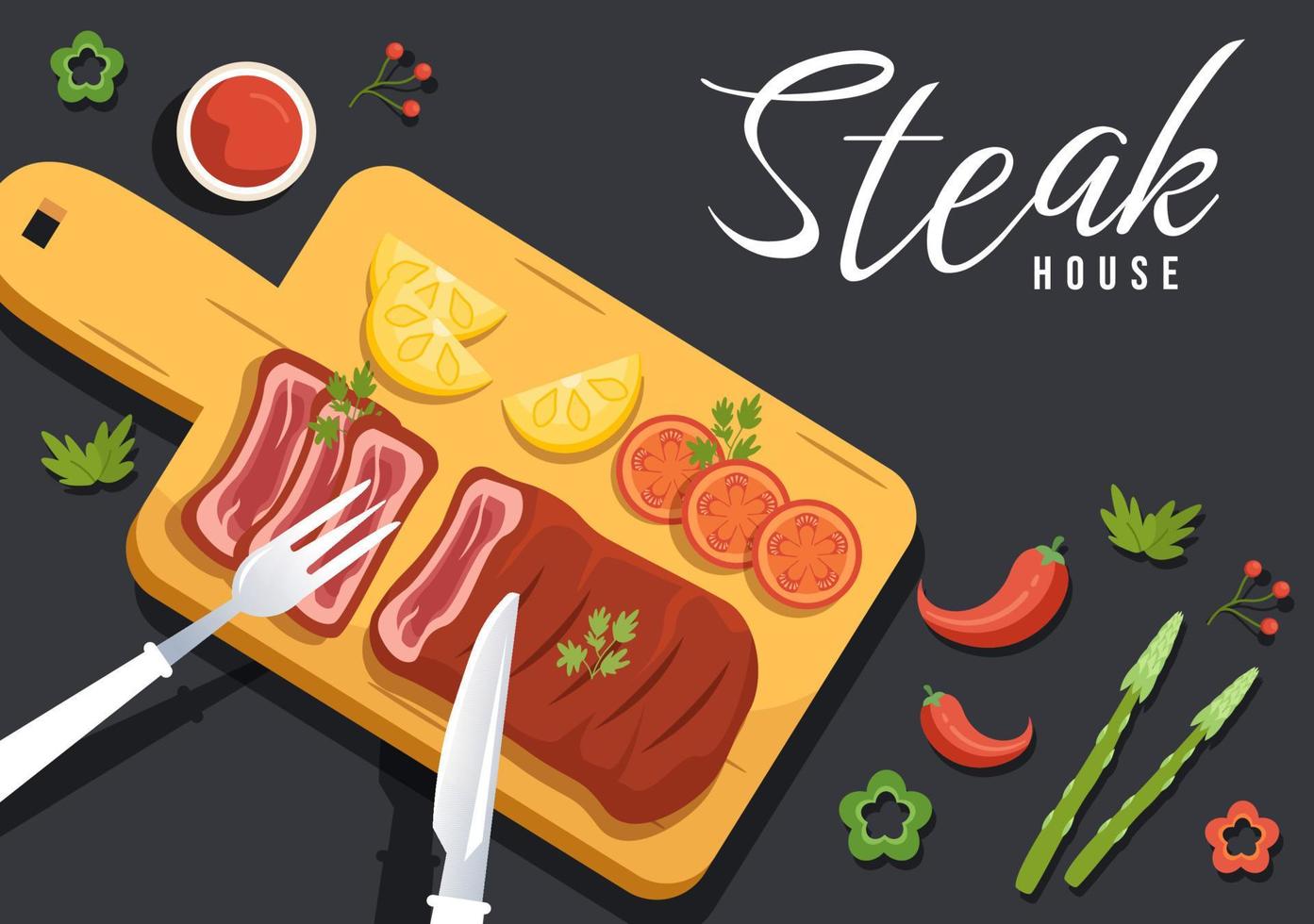 steakhouse di grigliato carne con succoso delizioso bistecca, insalata e pomodori per barbecue nel piatto cartone animato mano disegnato modello illustrazione vettore