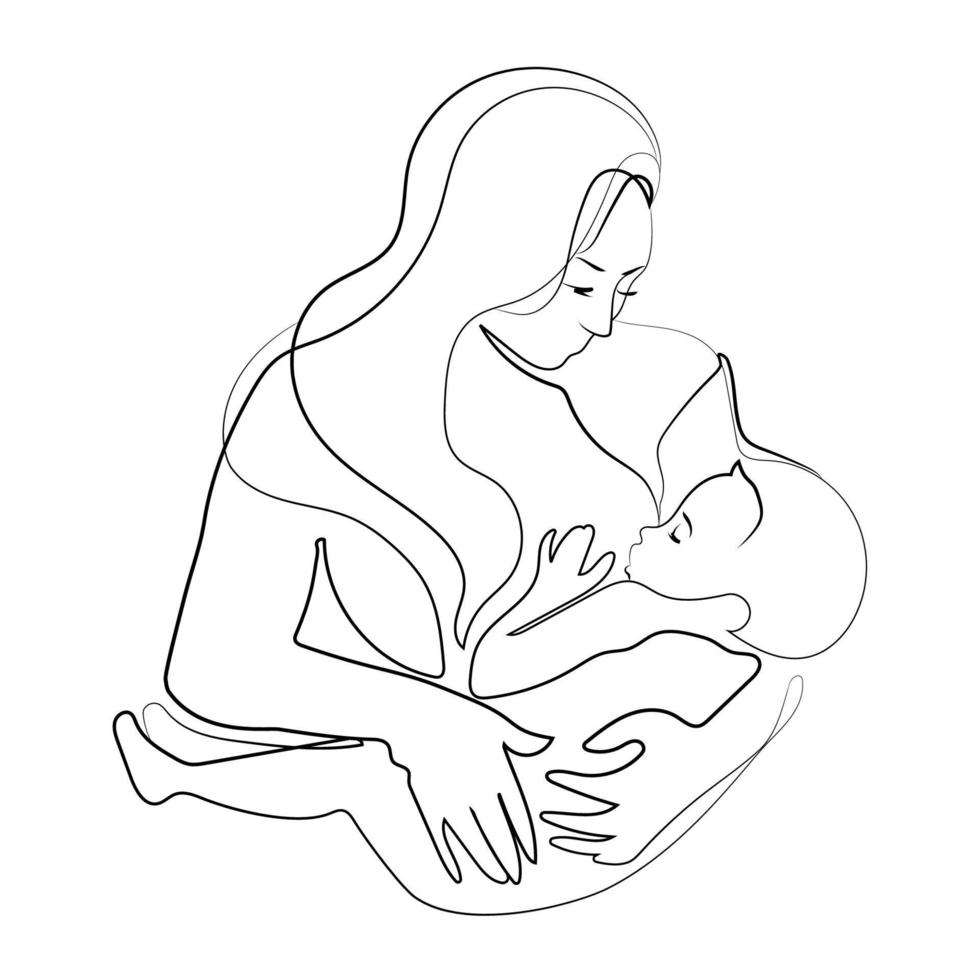 donna l'allattamento al seno sua bambino continuo linea disegno, logo, icona, emblema design modello, vettore minimalista illustrazione.mamma e bambino nero e bianca schizzo.allattamento concetto.