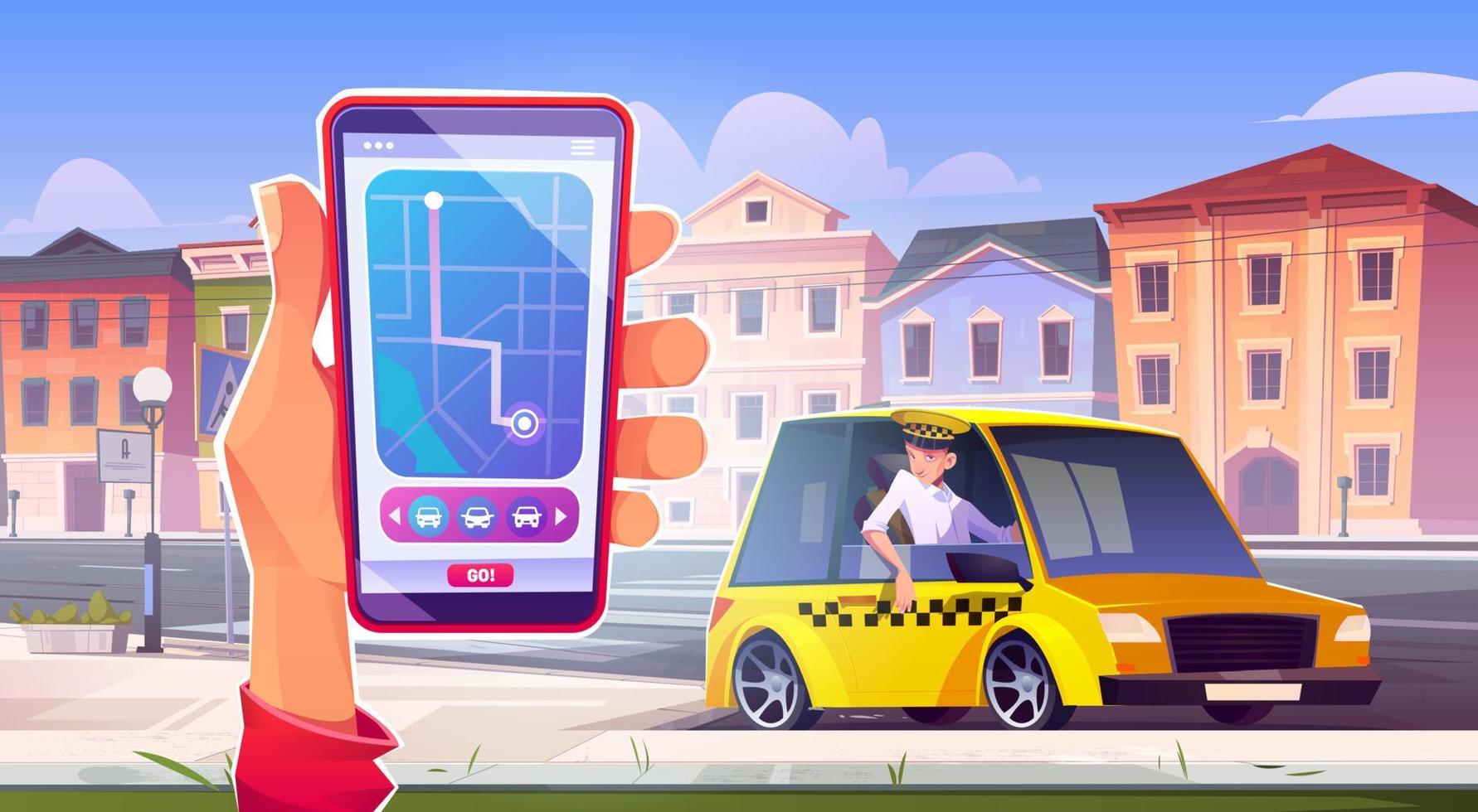 Taxi mobile app, smartphone nel mano, giallo taxi vettore