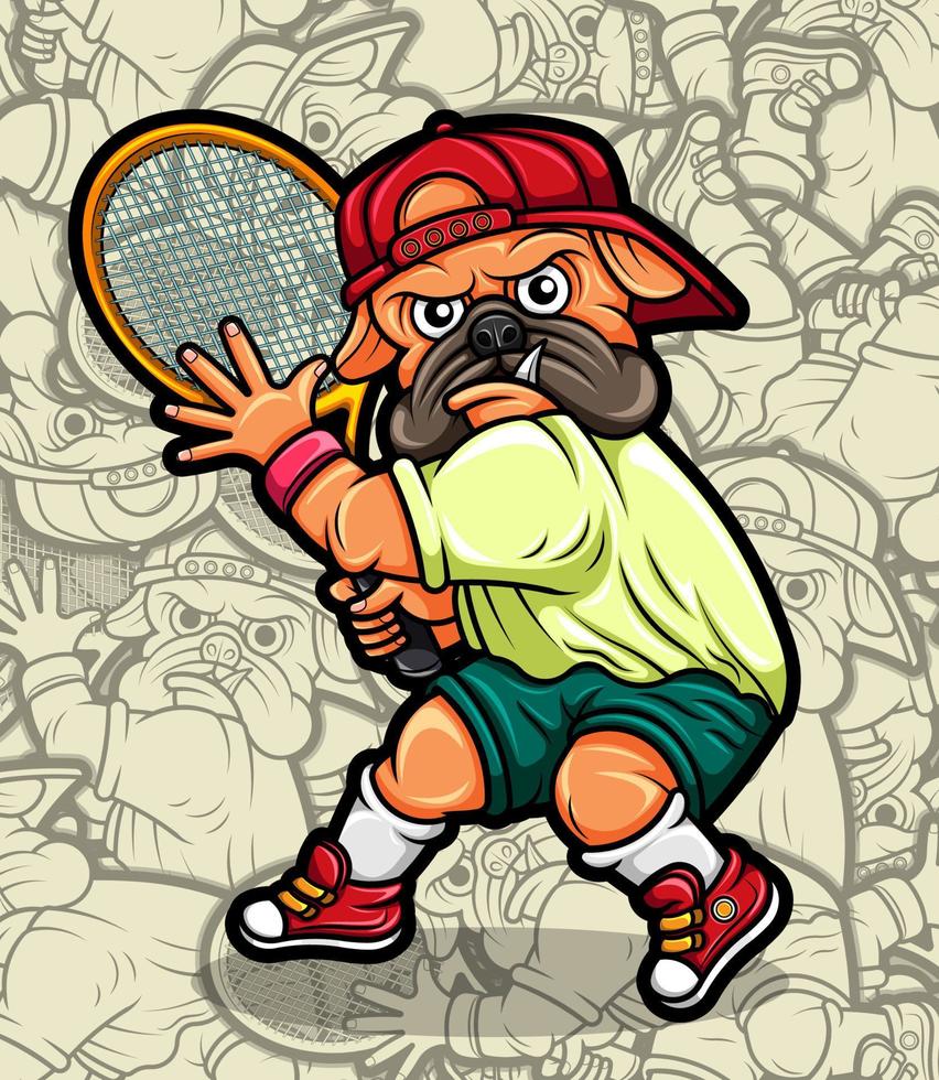 carino carlino cane giocando tennis illustrazione vettore