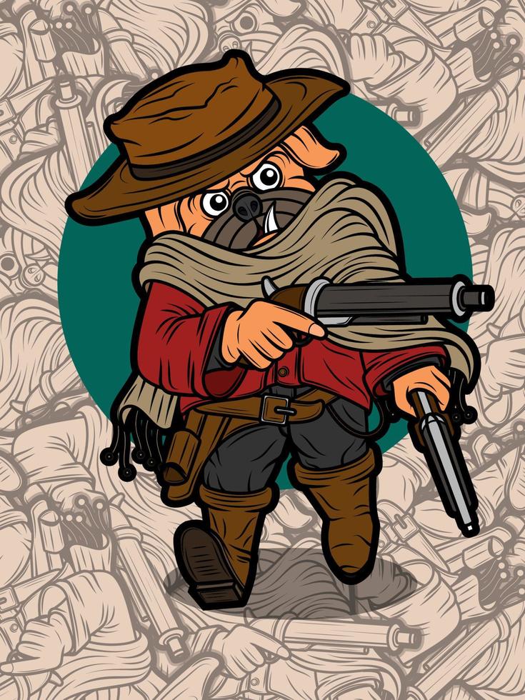 carino cowboy carlino cane con pistola illustrazione vettore