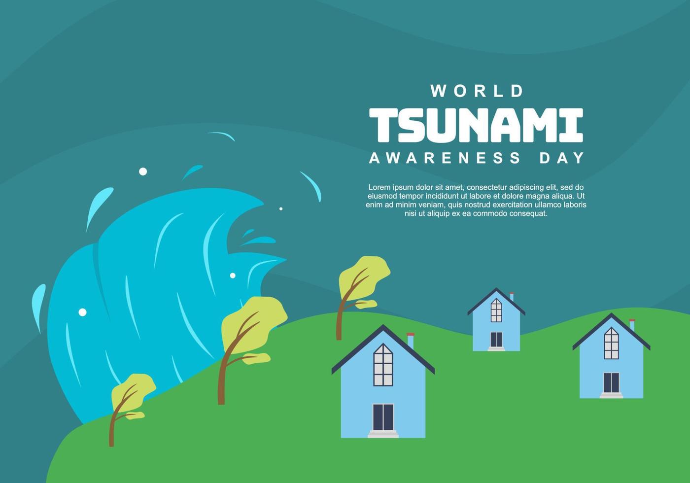 mondo tsunami consapevolezza giorno sfondo con onda e case. vettore