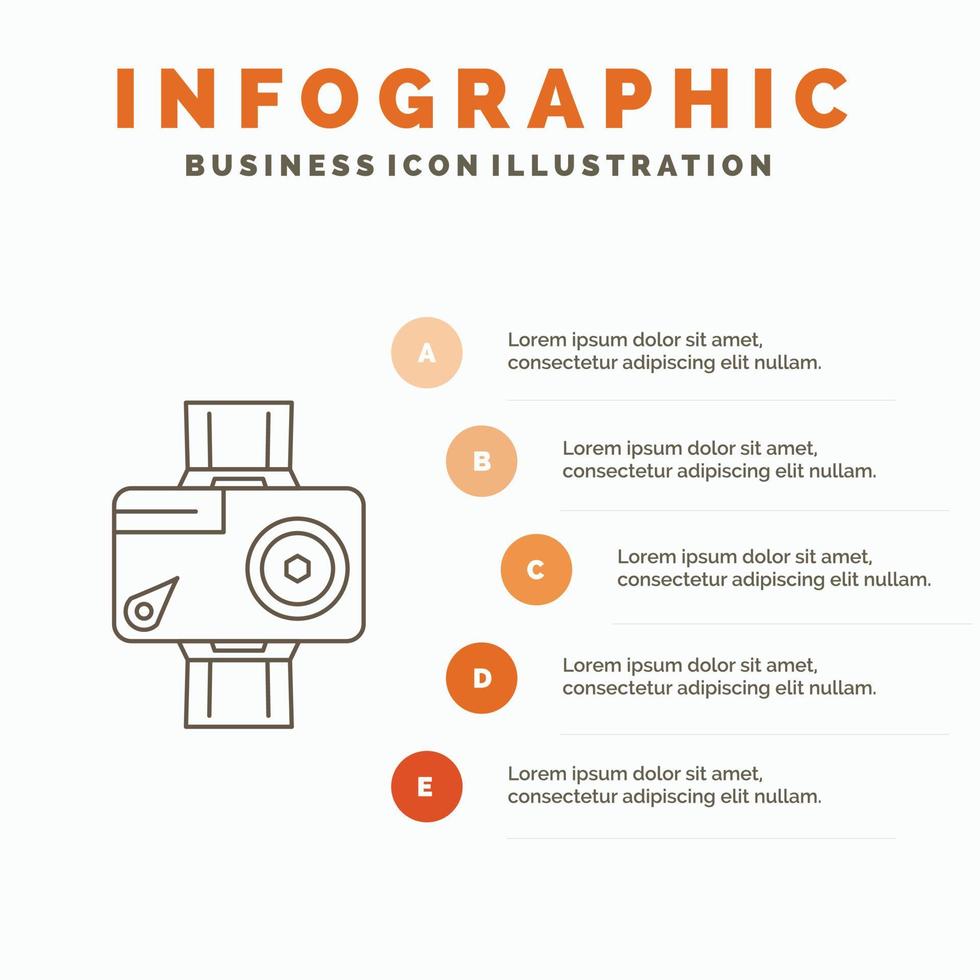 telecamera. azione. digitale. video. foto infografica modello per sito web e presentazione. linea grigio icona con arancia Infografica stile vettore illustrazione