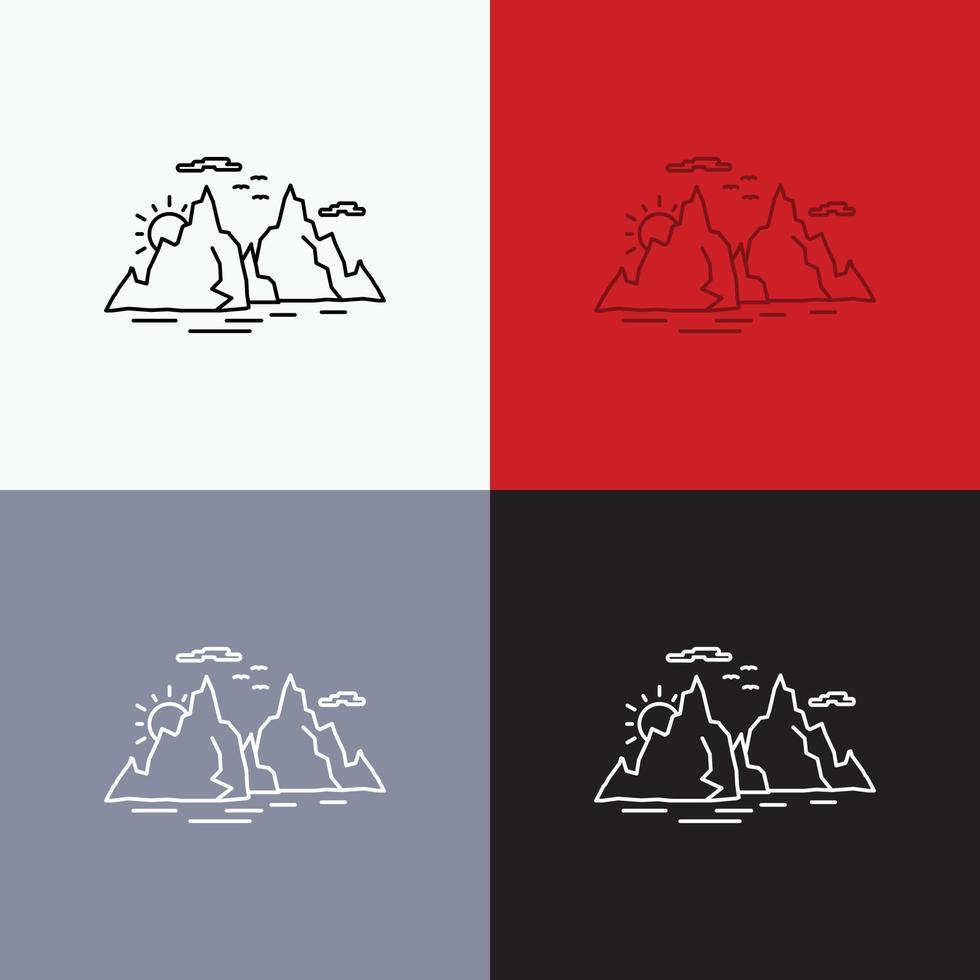 montagna. collina. paesaggio. natura. sole icona al di sopra di vario sfondo. linea stile design. progettato per ragnatela e app. eps 10 vettore illustrazione