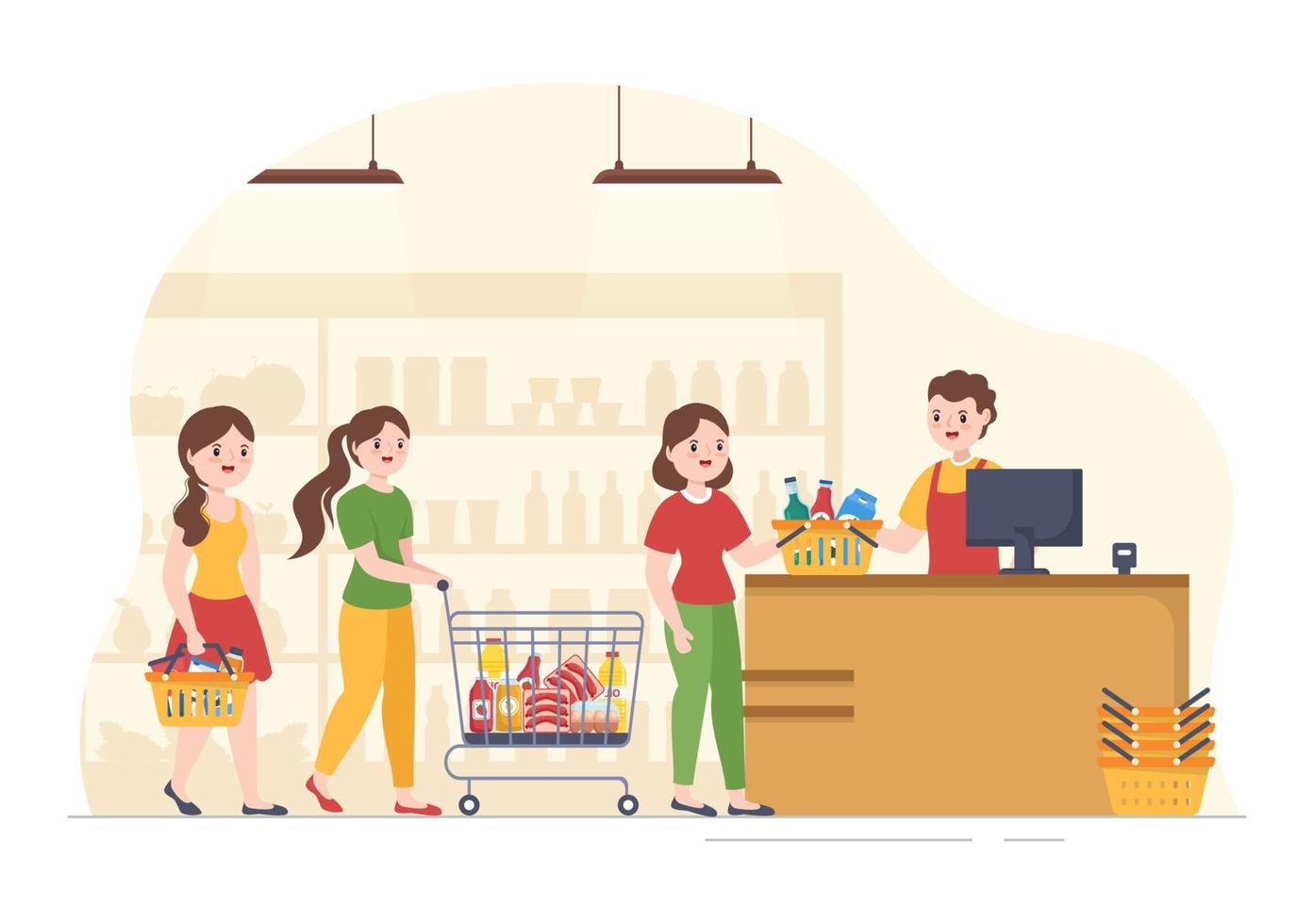 drogheria memorizzare o supermercato con cibo Prodotto scaffali, cremagliere latticini, frutta e bevande per shopping nel piatto cartone animato mano disegnato modelli illustrazione vettore