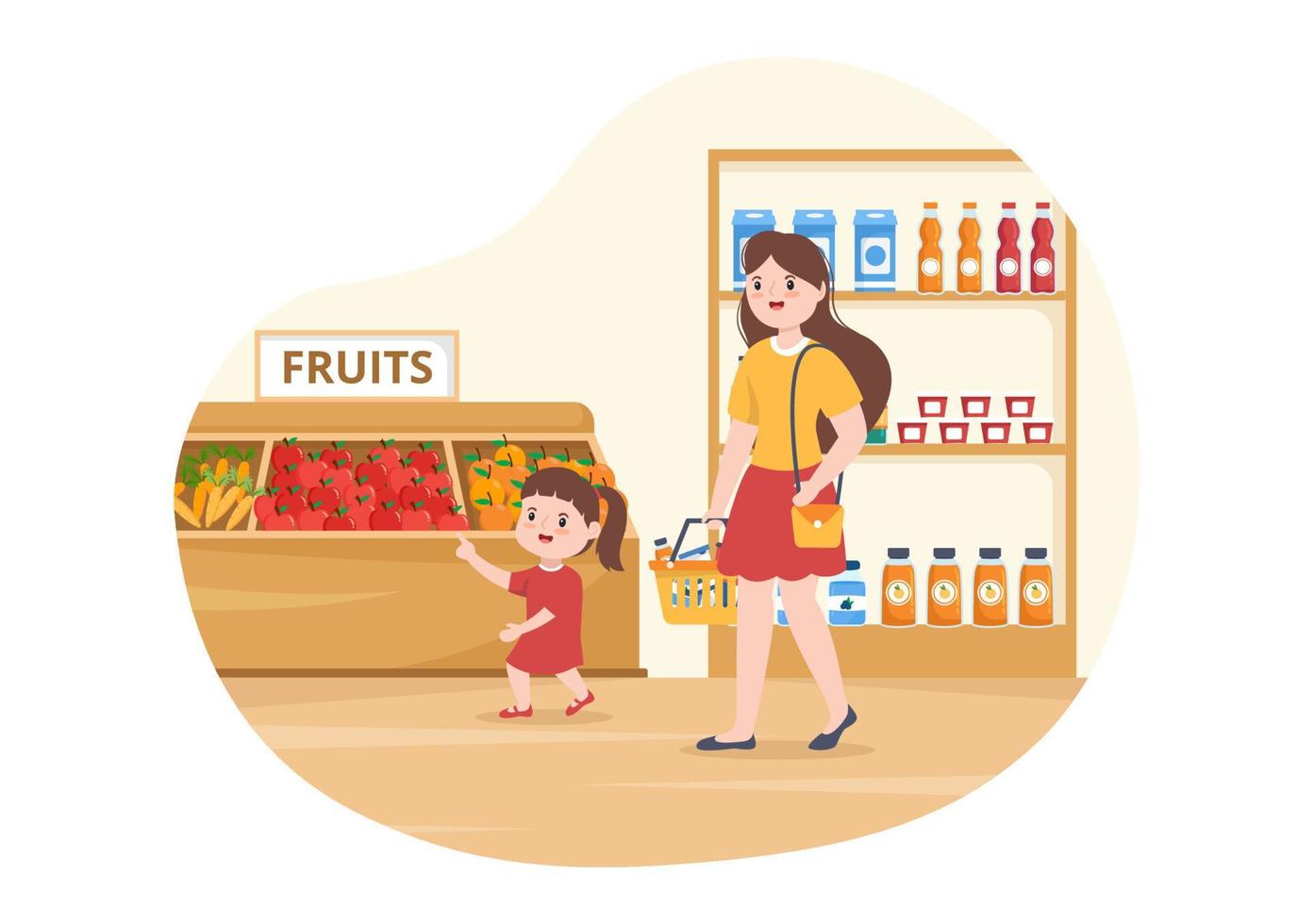 drogheria memorizzare o supermercato con cibo Prodotto scaffali, cremagliere latticini, frutta e bevande per shopping nel piatto cartone animato mano disegnato modelli illustrazione vettore