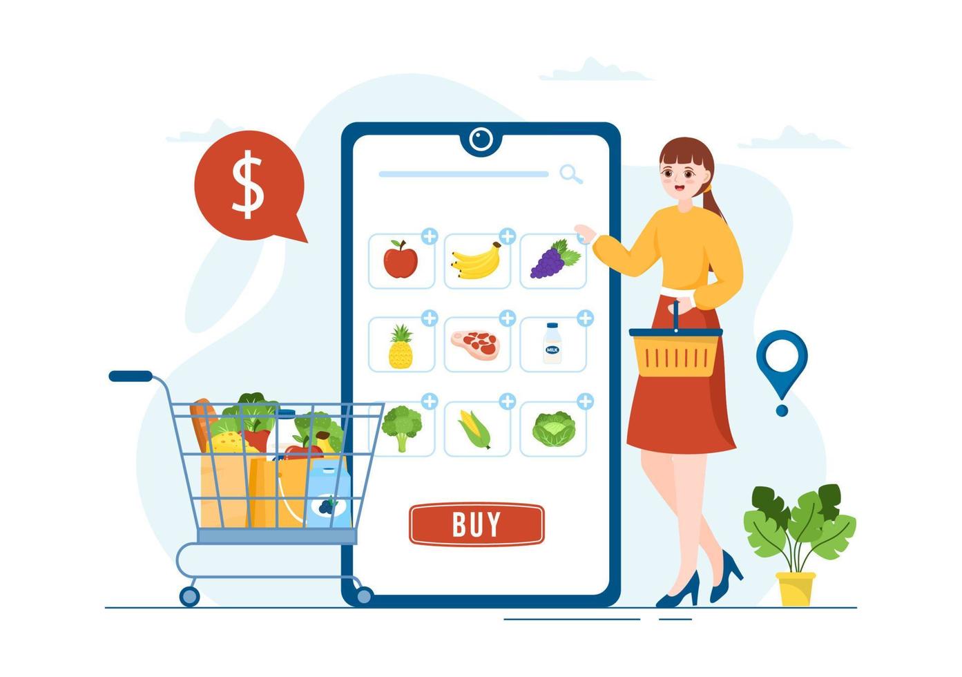 in linea drogheria memorizzare o supermercato per ordine quotidiano necessità o cibo attraverso il App nel piatto cartone animato mano disegnato modelli illustrazione vettore