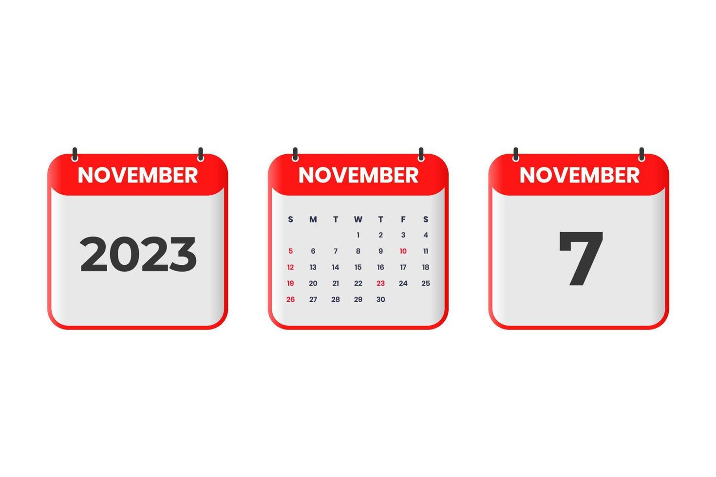 novembre 2023 calendario design. 7 ° novembre 2023 calendario icona per orario, appuntamento, importante Data concetto vettore