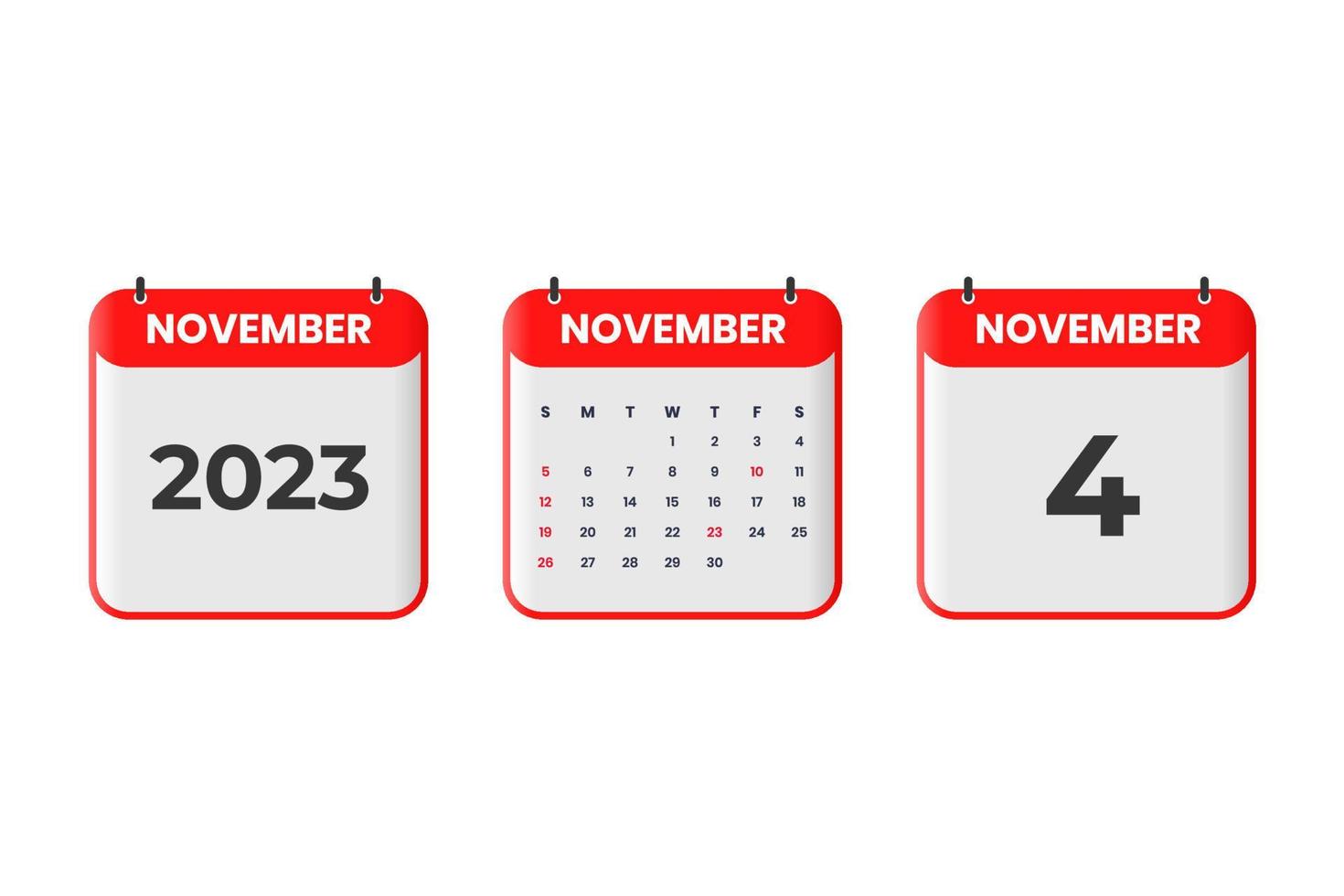 novembre 2023 calendario design. 4 ° novembre 2023 calendario icona per orario, appuntamento, importante Data concetto vettore