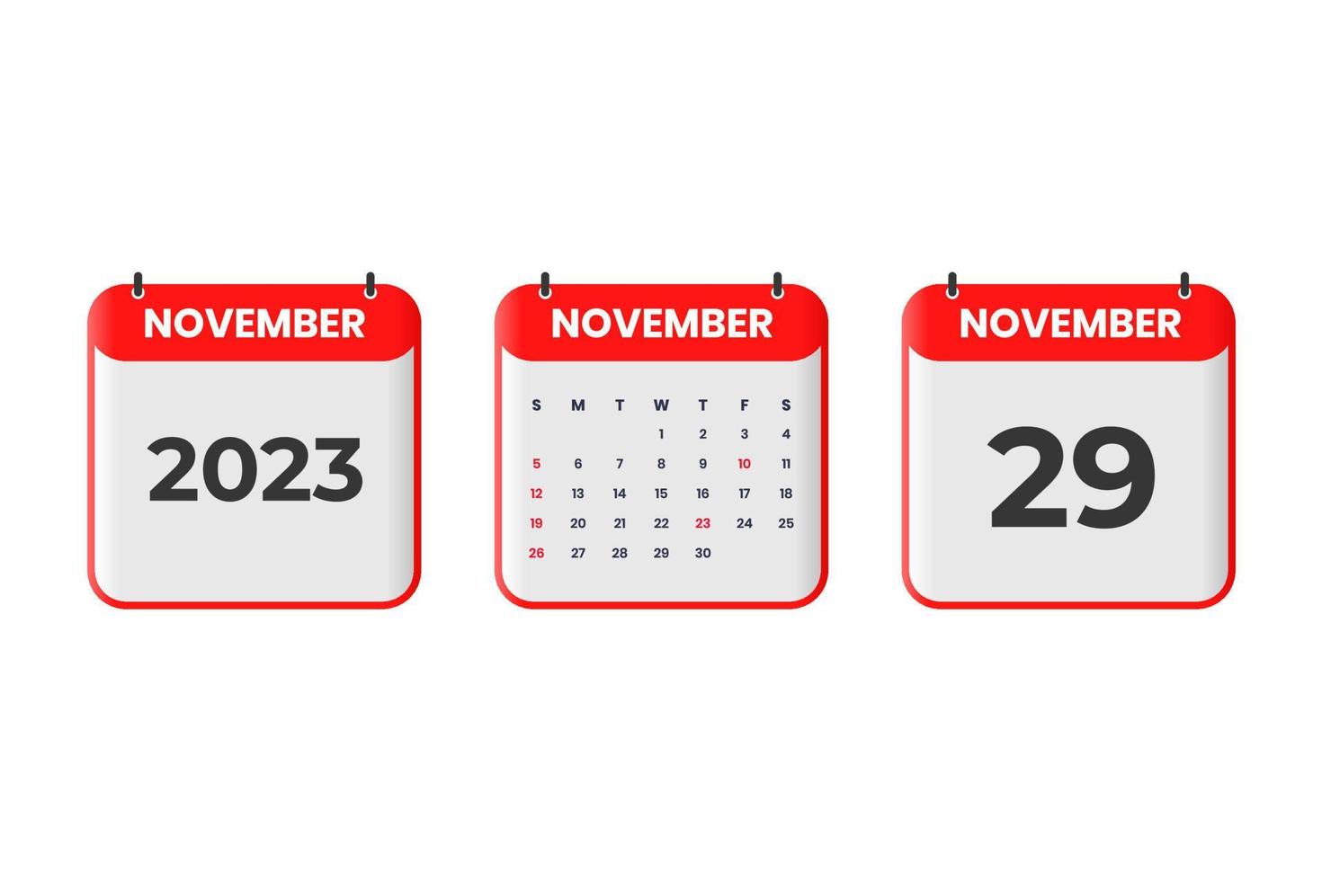 novembre 2023 calendario design. 29th novembre 2023 calendario icona per orario, appuntamento, importante Data concetto vettore