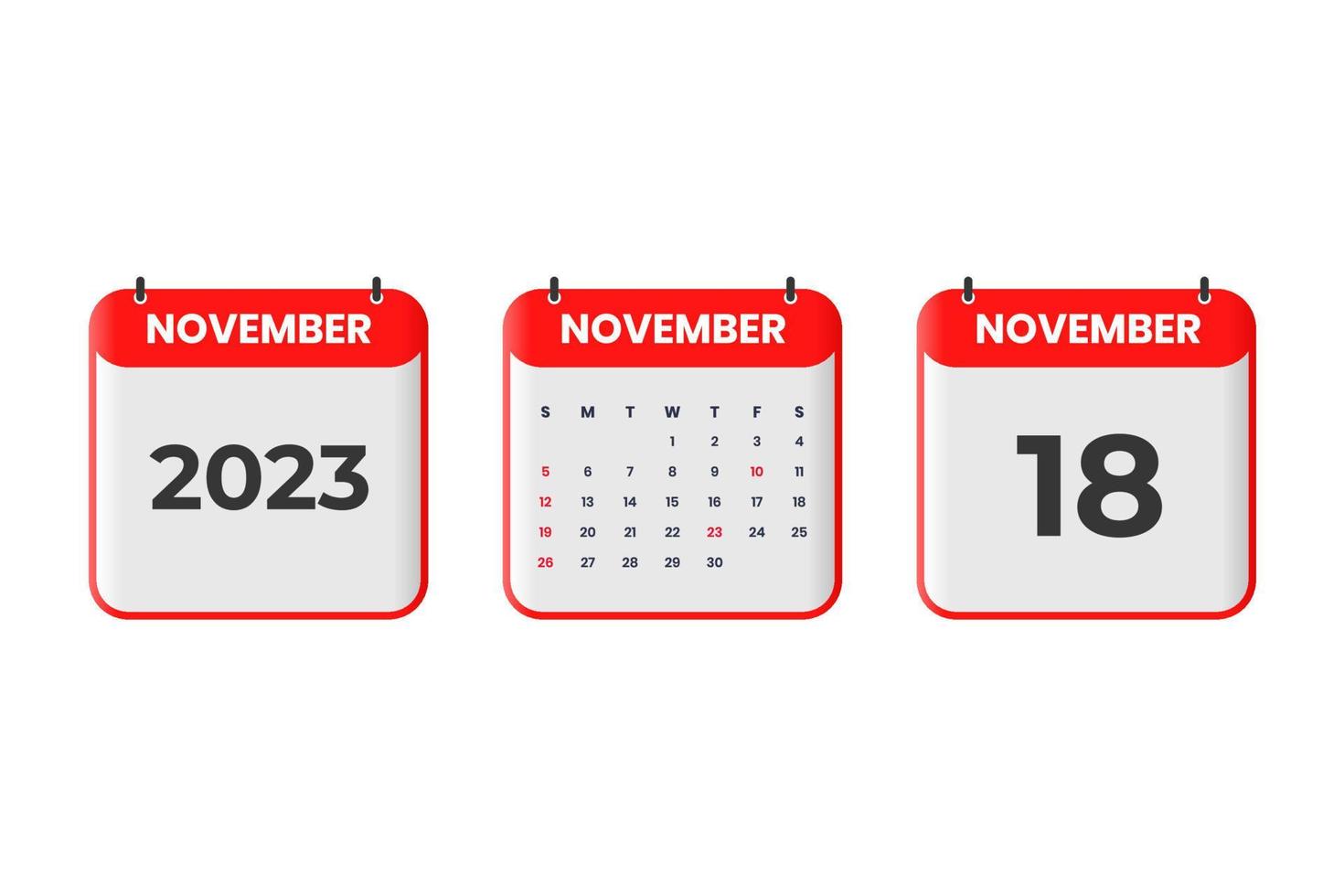 novembre 2023 calendario design. 18 ° novembre 2023 calendario icona per orario, appuntamento, importante Data concetto vettore