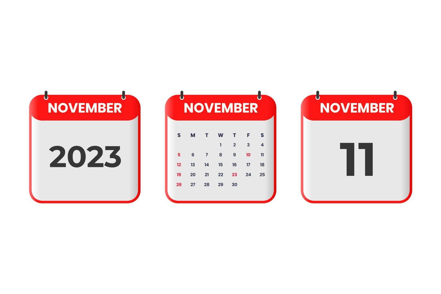 novembre 2023 calendario design. 11 ° novembre 2023 calendario icona per orario, appuntamento, importante Data concetto vettore