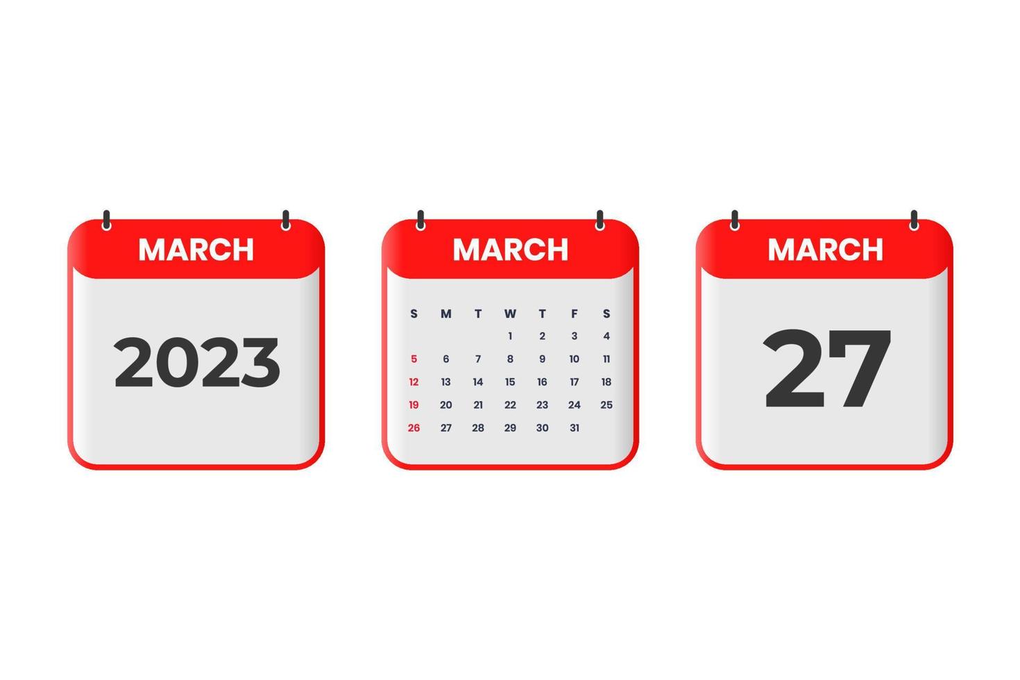 marzo 2023 calendario design. 27th marzo 2023 calendario icona per orario, appuntamento, importante Data concetto vettore