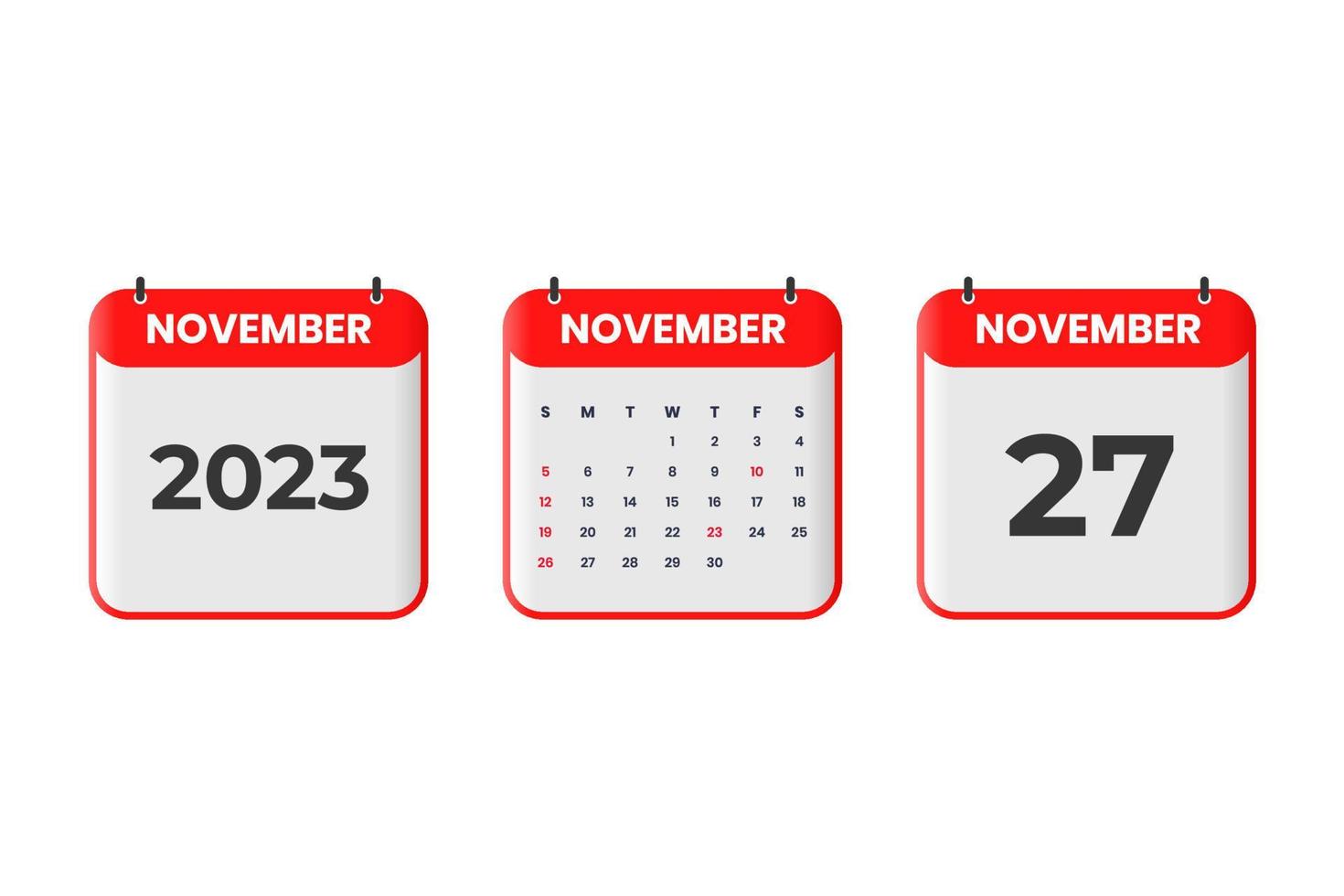 novembre 2023 calendario design. 27th novembre 2023 calendario icona per orario, appuntamento, importante Data concetto vettore