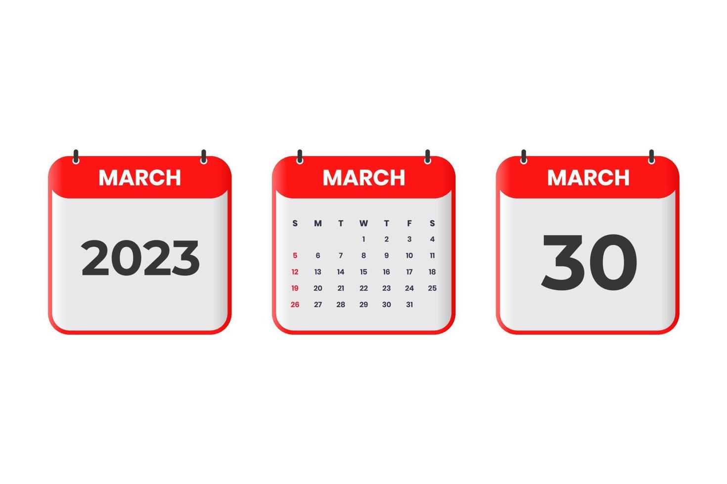 marzo 2023 calendario design. 30 marzo 2023 calendario icona per orario, appuntamento, importante Data concetto vettore