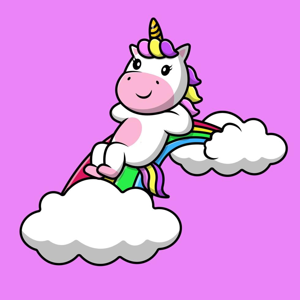 carino unicorno posa su arcobaleno nube cartone animato vettore icone illustrazione. piatto cartone animato concetto. adatto per qualunque creativo progetto.