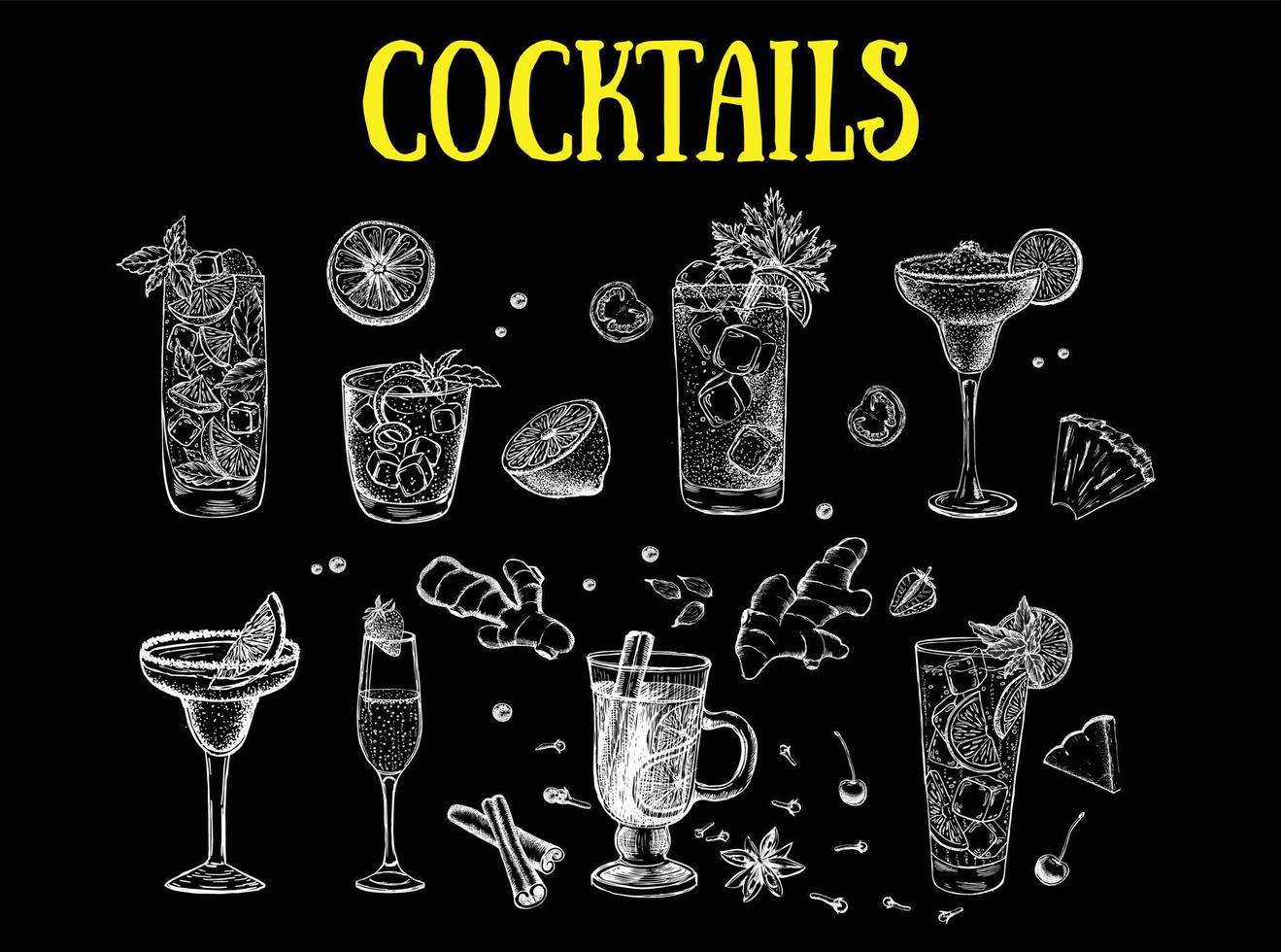 modello di progettazione del menu del cocktail. cocktail alcolici disegnati a mano. vettore