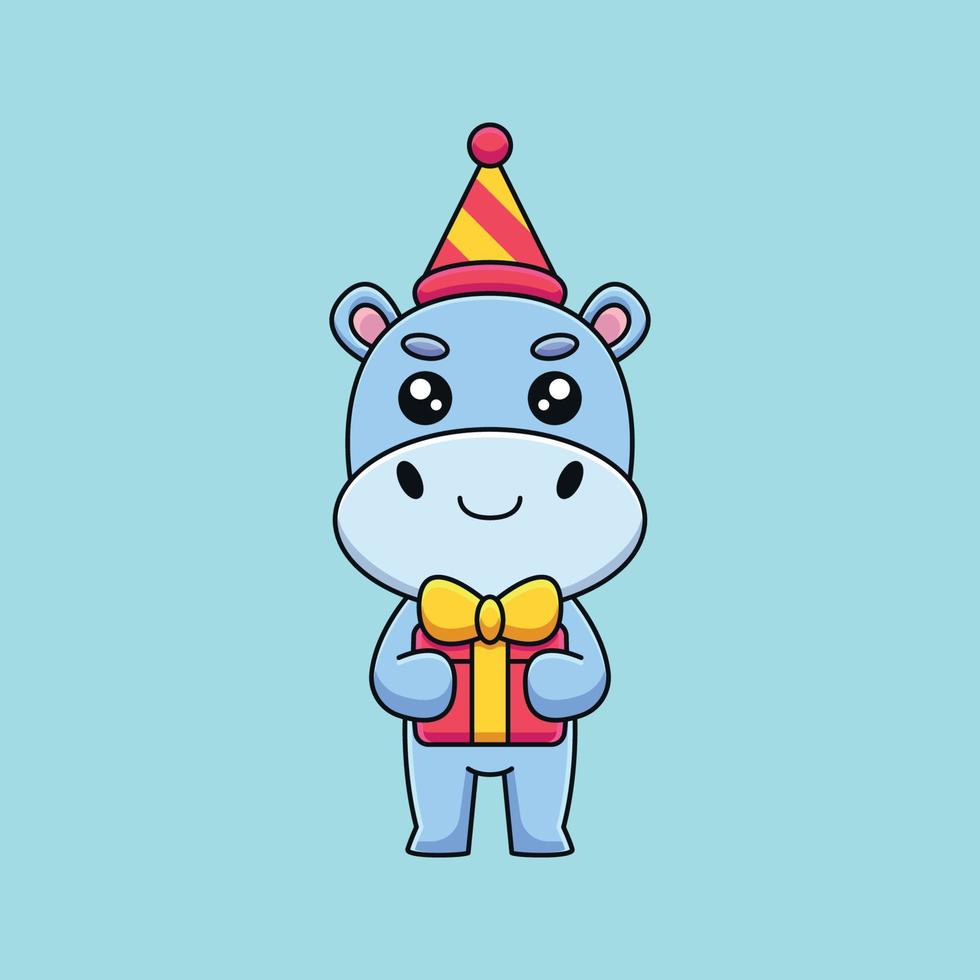 carino compleanno ippopotamo cartone animato portafortuna scarabocchio arte mano disegnato concetto vettore kawaii icona illustrazione