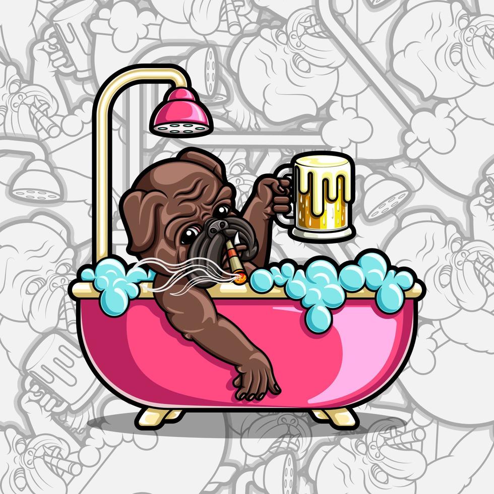 carino carlino cane fumo mentre ammollo nel vasca da bagno con birra nel mano vettore