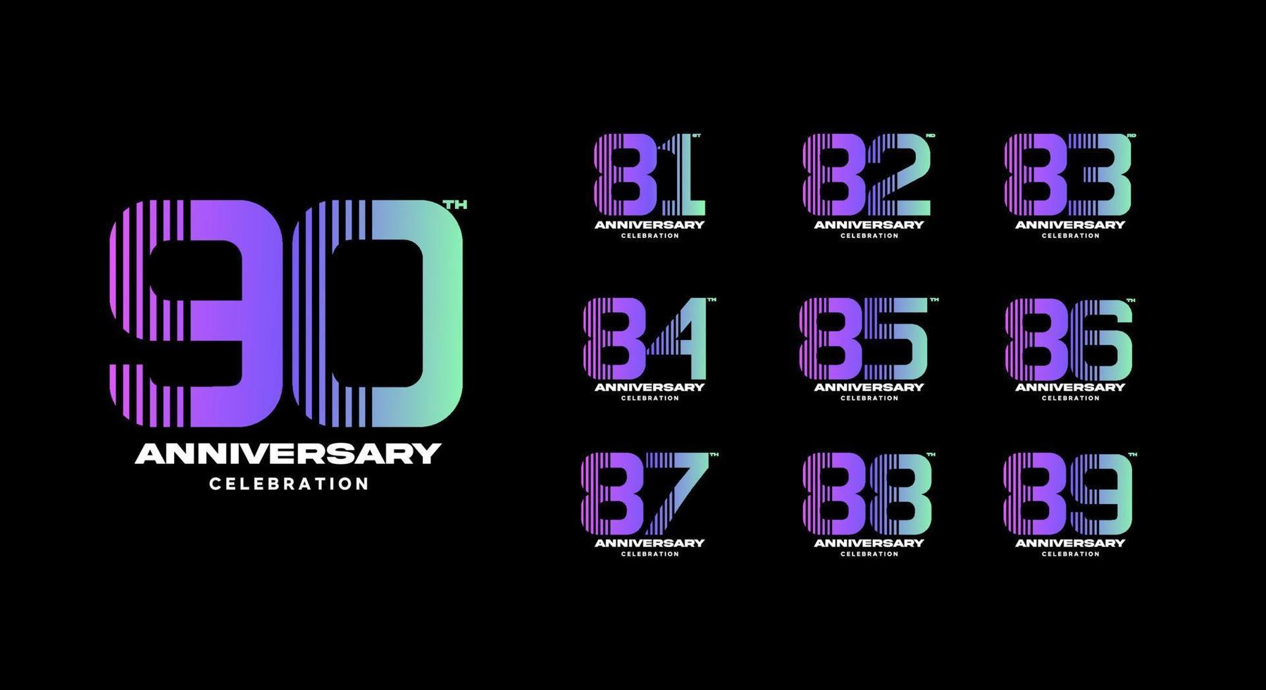 impostato di colorato anniversario logotipo. 81, 82,83, 84, 85, 86, 87, 88, 89, 90 vettore