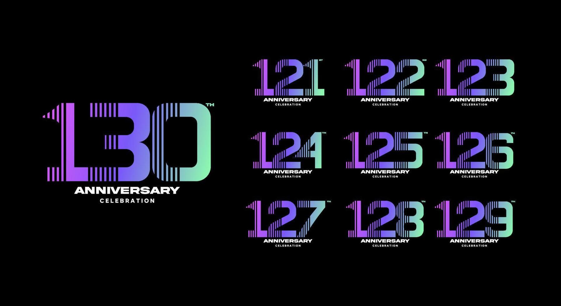 impostato di colorato anniversario logotipo. 121, 122, 123, 124, 125, 126, 127, 128, 129, 130 vettore