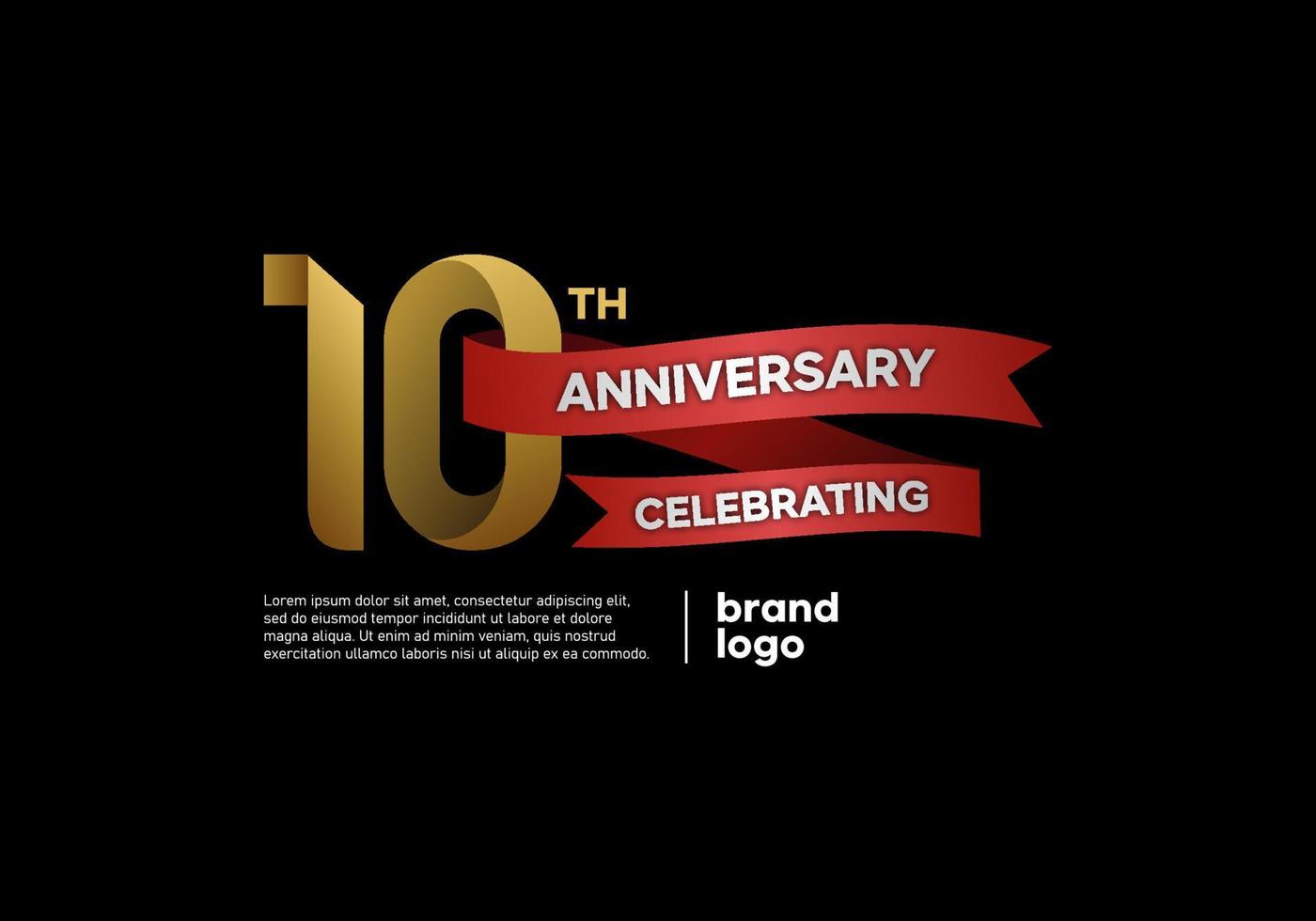 10 anno anniversario logo nel oro e rosso su nero sfondo vettore