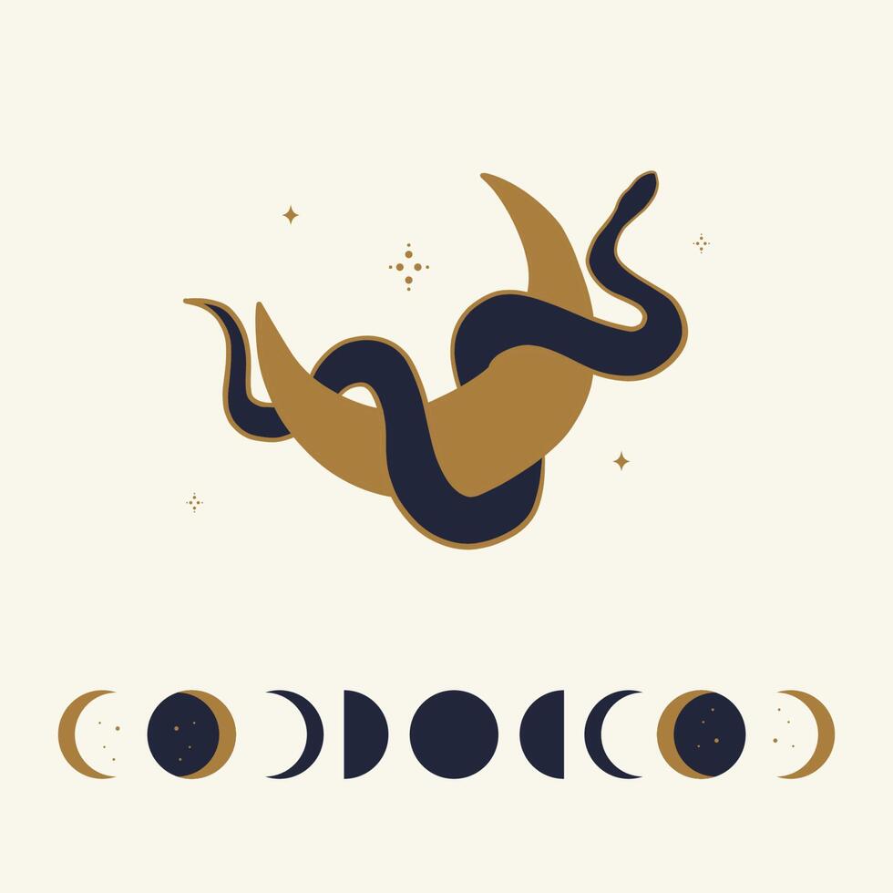 serpente magico con luna, stella e mezzelune. simboli mistici in stile minimalista alla moda su sfondo chiaro. scena minimalista cosmica con serpente, ramo, corpi celesti. vettore