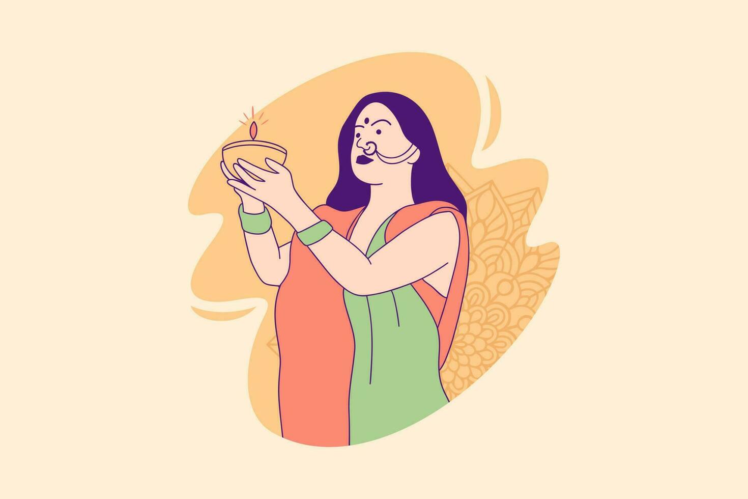 illustrazioni bellissimo indiano donna Tenere diya lampada per celebrazione Diwali giorno design concetto vettore