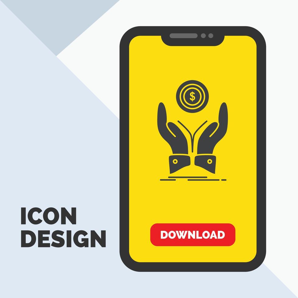 moneta. mano. pila. dollaro. reddito glifo icona nel mobile per Scarica pagina. giallo sfondo vettore