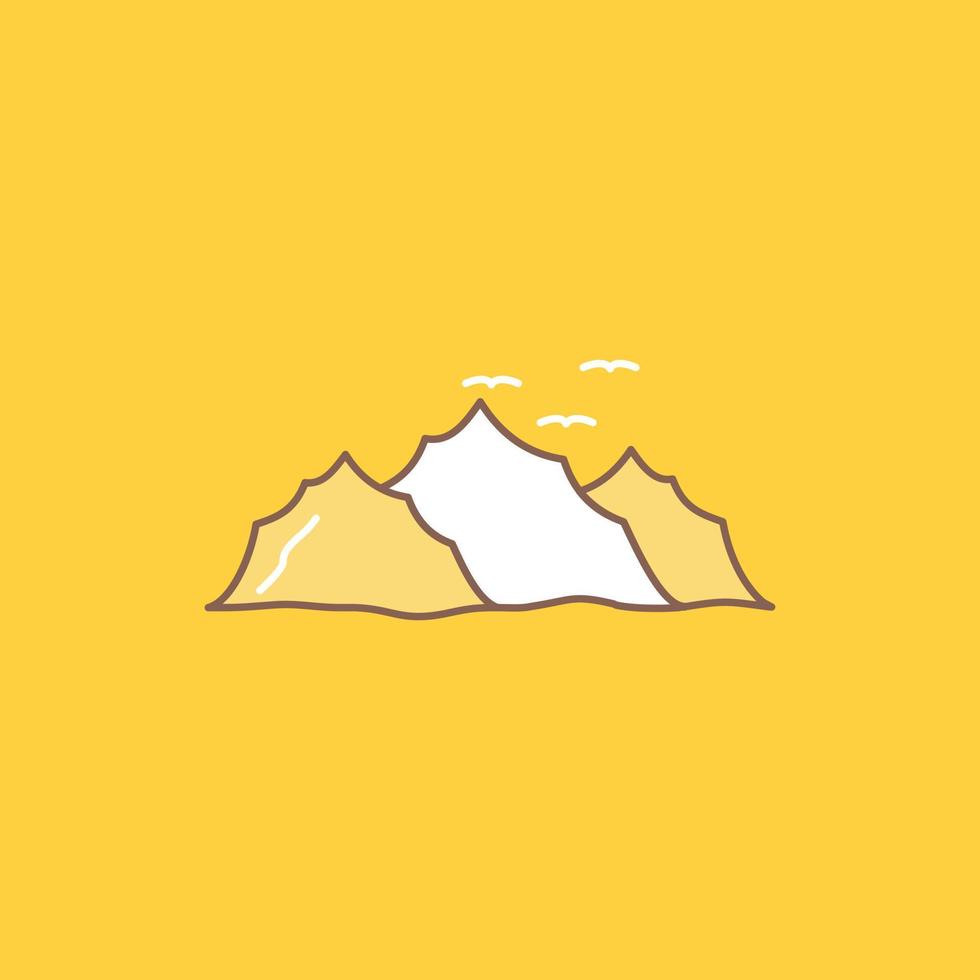 montagna. paesaggio. collina. natura. uccelli piatto linea pieno icona. bellissimo logo pulsante al di sopra di giallo sfondo per ui e ux. sito web o mobile applicazione vettore