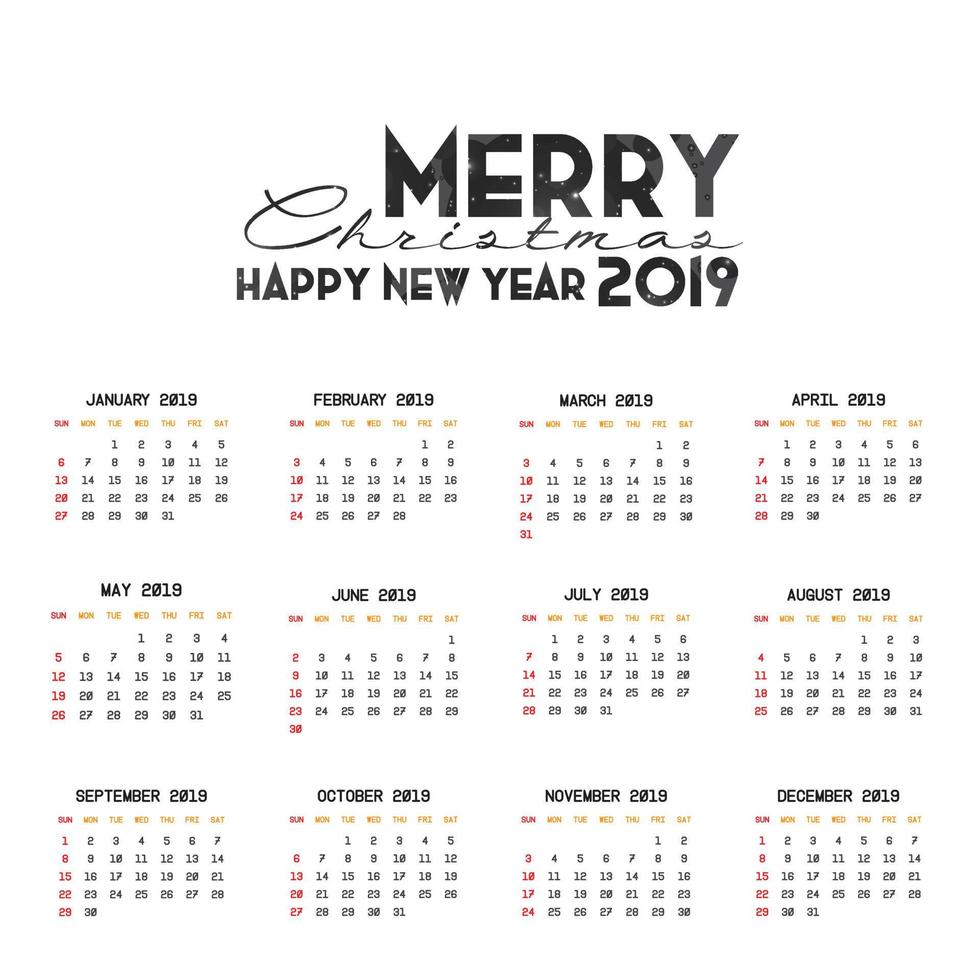 2019 calendario modello. Natale e contento nuovo anno sfondo vettore