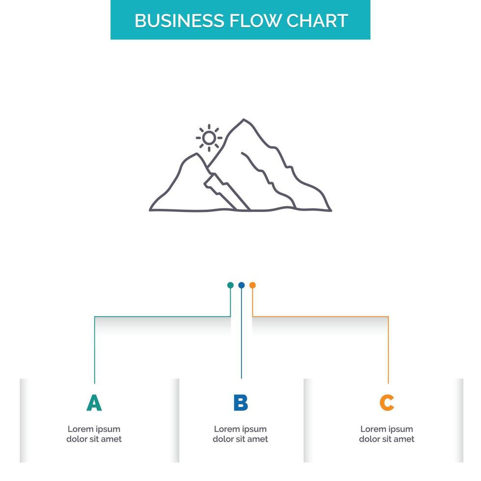 montagna. paesaggio. collina. natura. sole attività commerciale flusso grafico design con 3 passi. linea icona per presentazione sfondo modello posto per testo vettore
